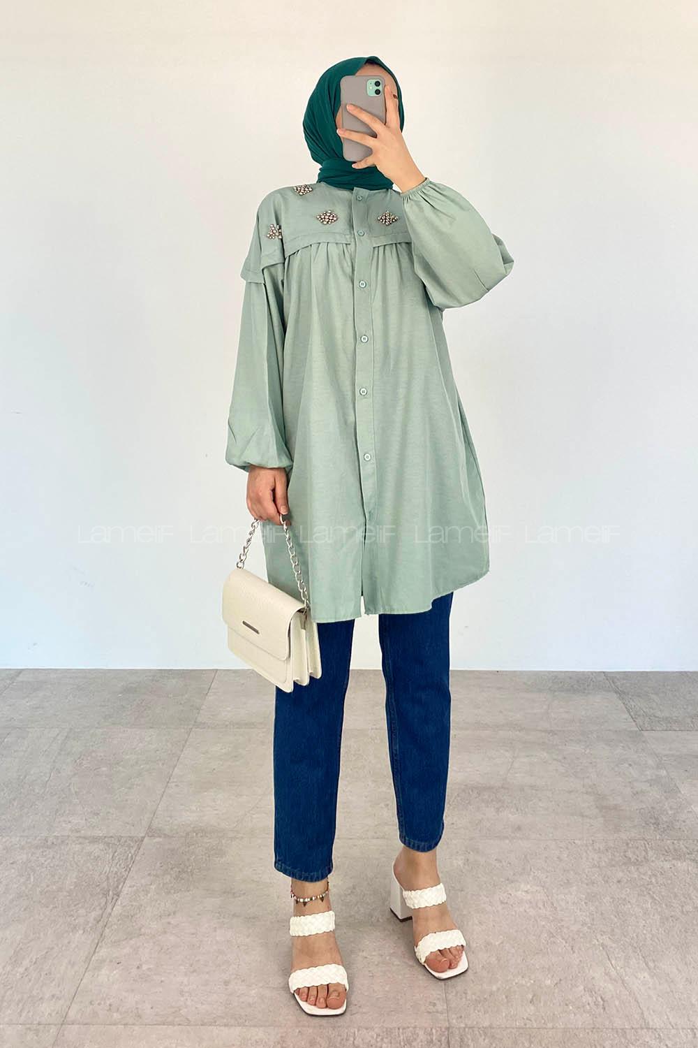 Mint Green Shirt Collar Long Arm Cotton Unprinted Shirt