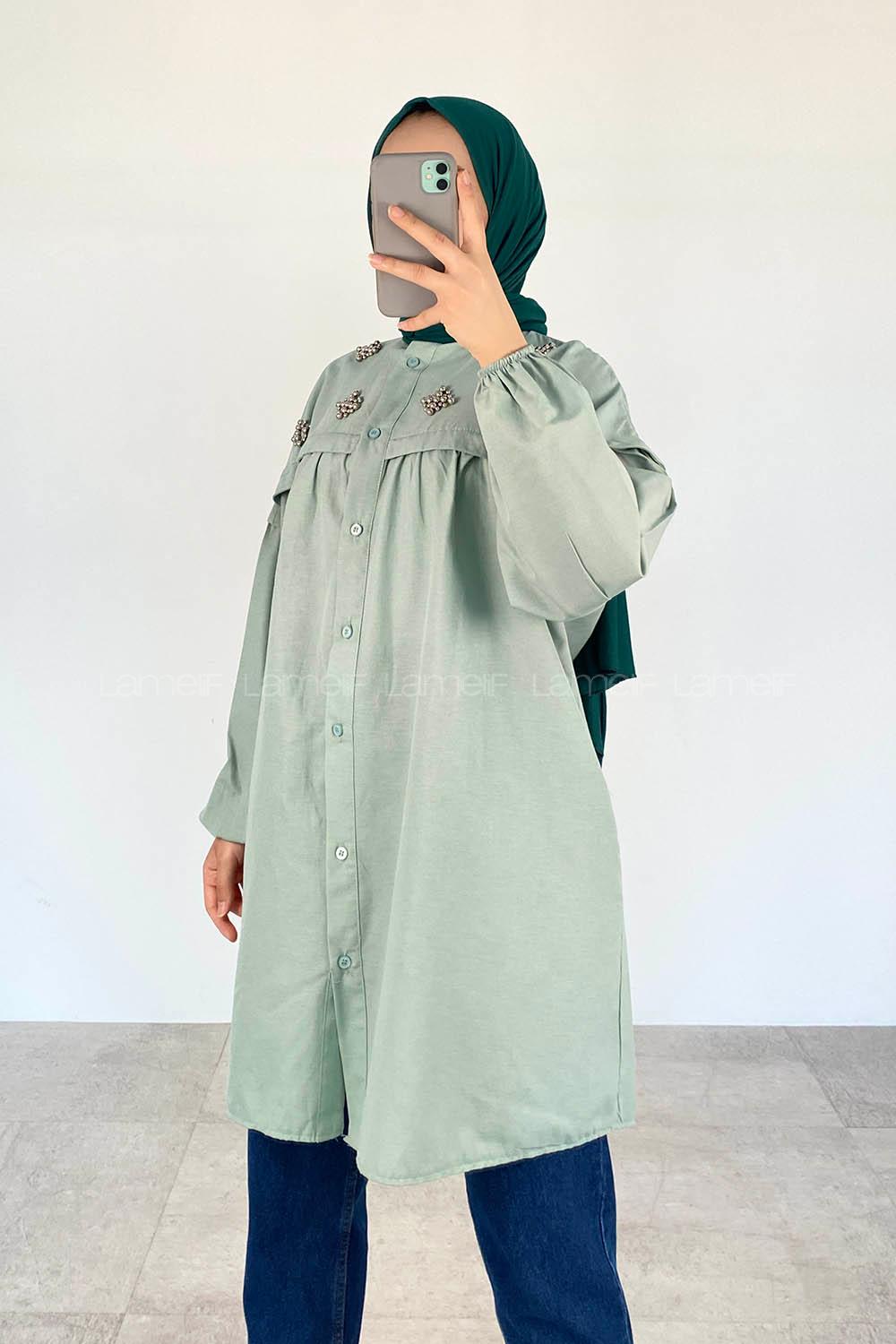 Mint Green Shirt Collar Long Arm Cotton Unprinted Shirt