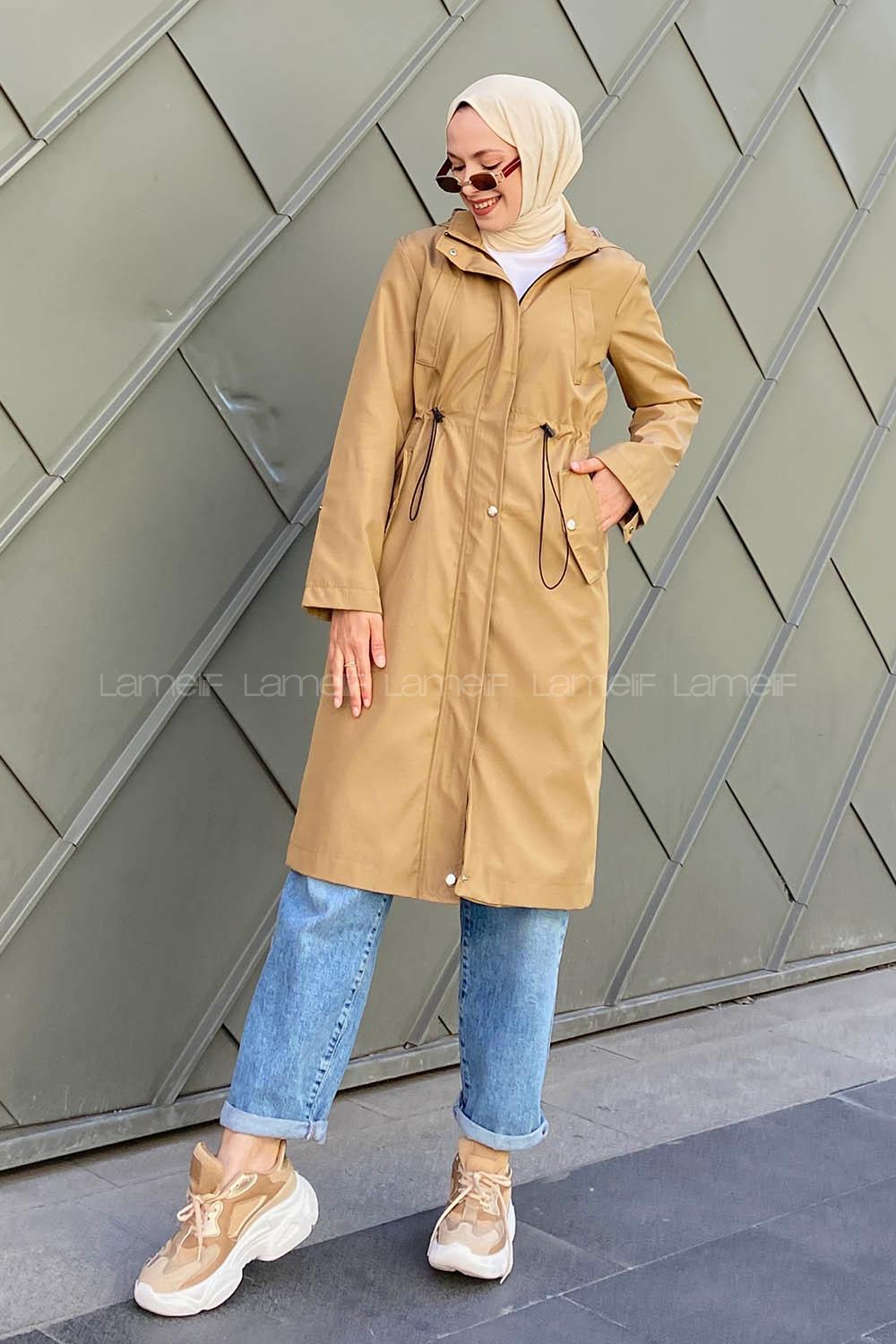 Modalamelif Kol Katlamalı Kapşonlu Trenç Camel