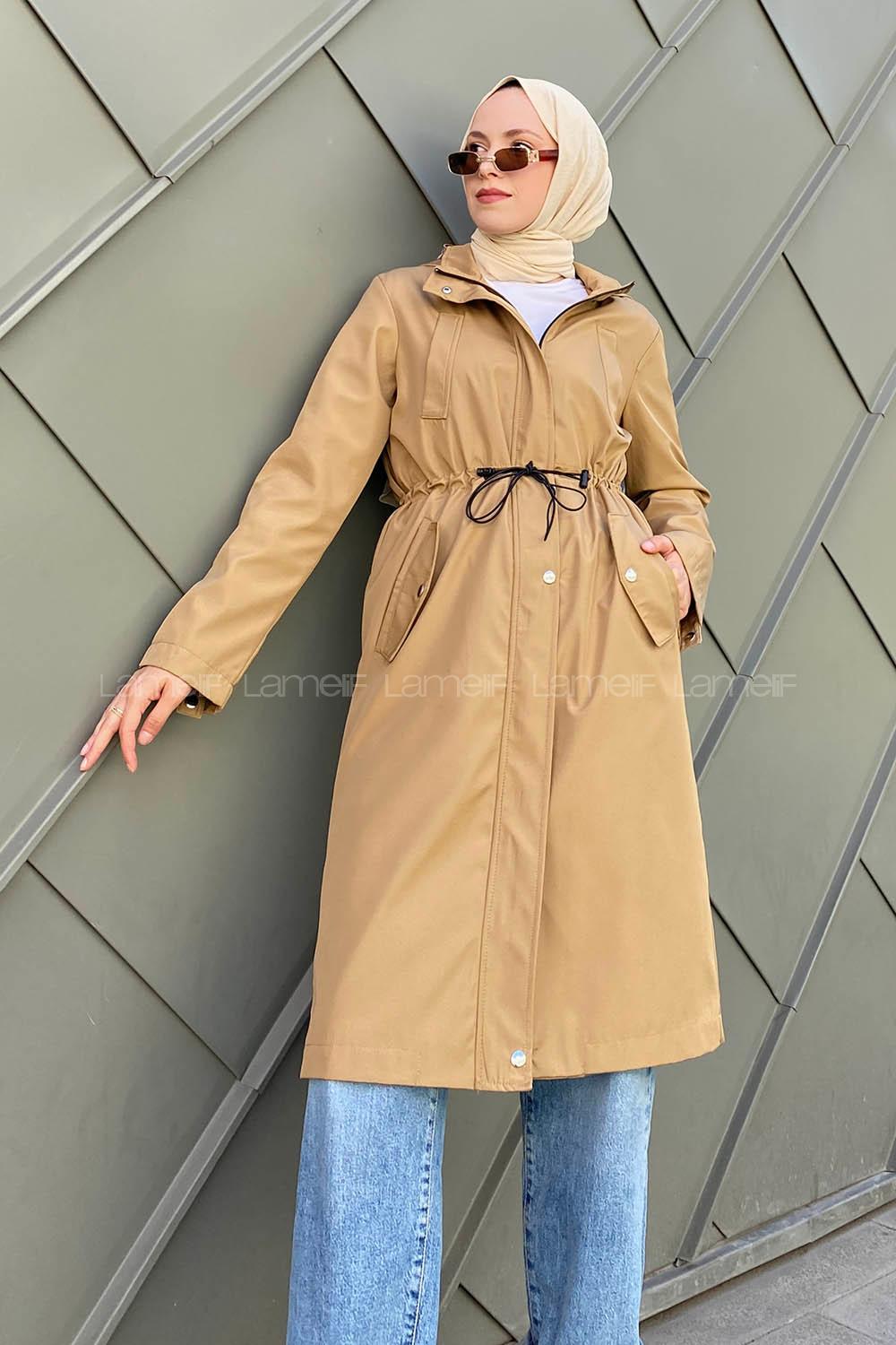 Modalamelif Kol Katlamalı Kapşonlu Trenç Camel