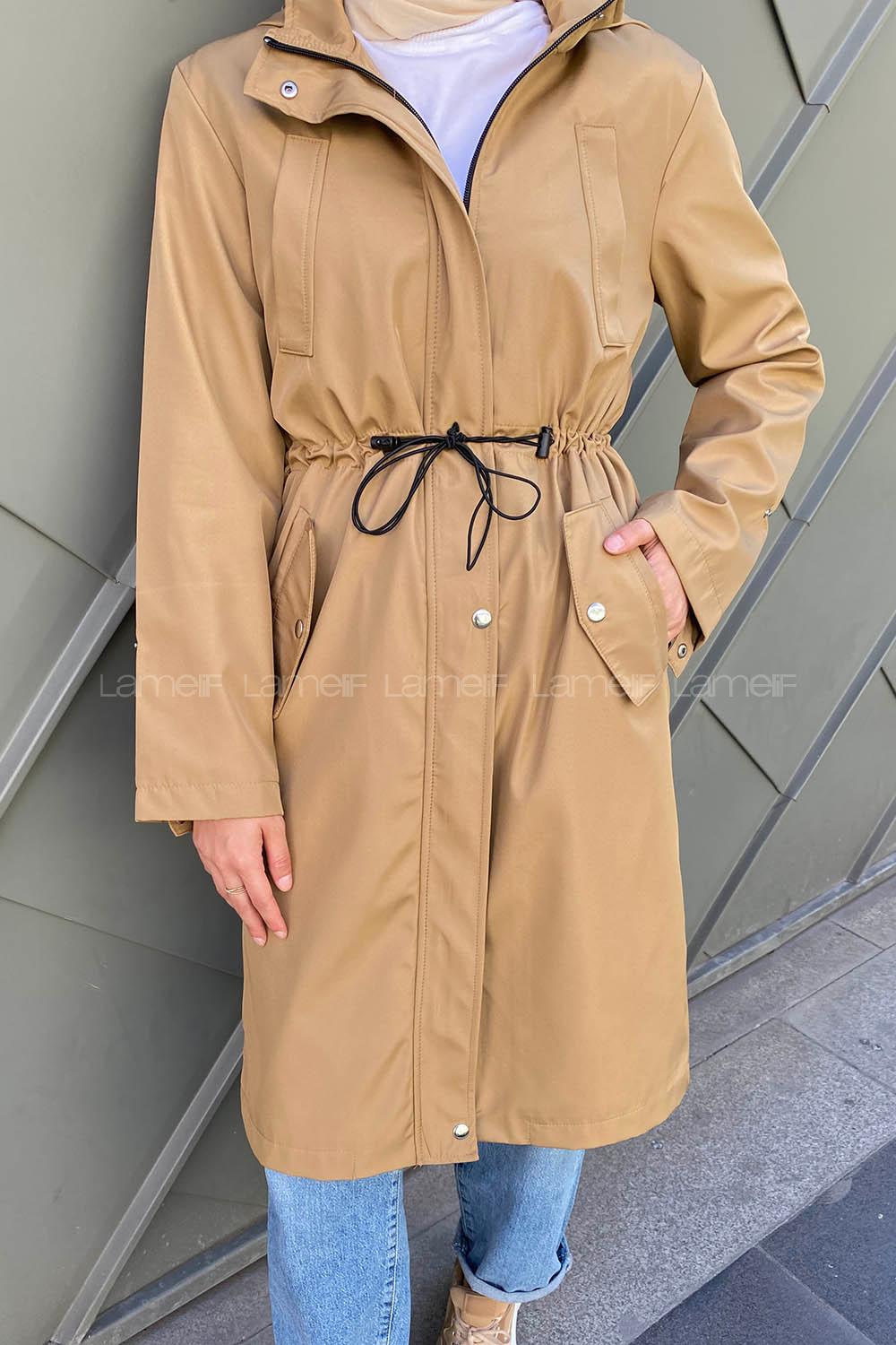 Modalamelif Kol Katlamalı Kapşonlu Trenç Camel