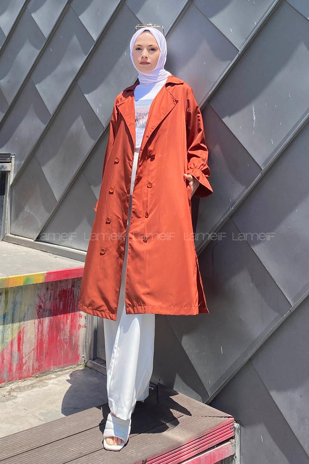 Lamelif Kol Lastikli Belden Bağlamalı Trenç Kiremit