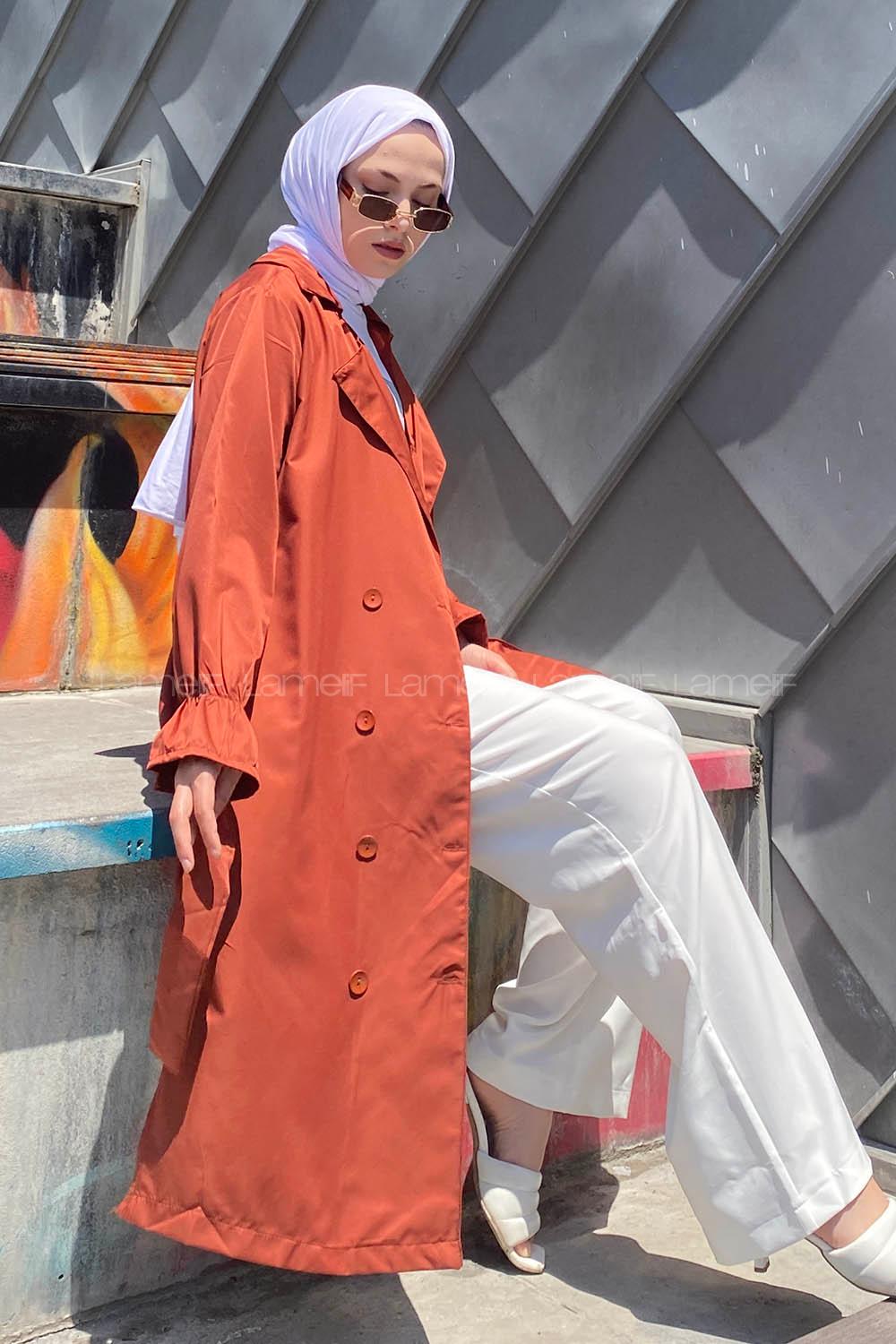 Lamelif Kol Lastikli Belden Bağlamalı Trenç Kiremit