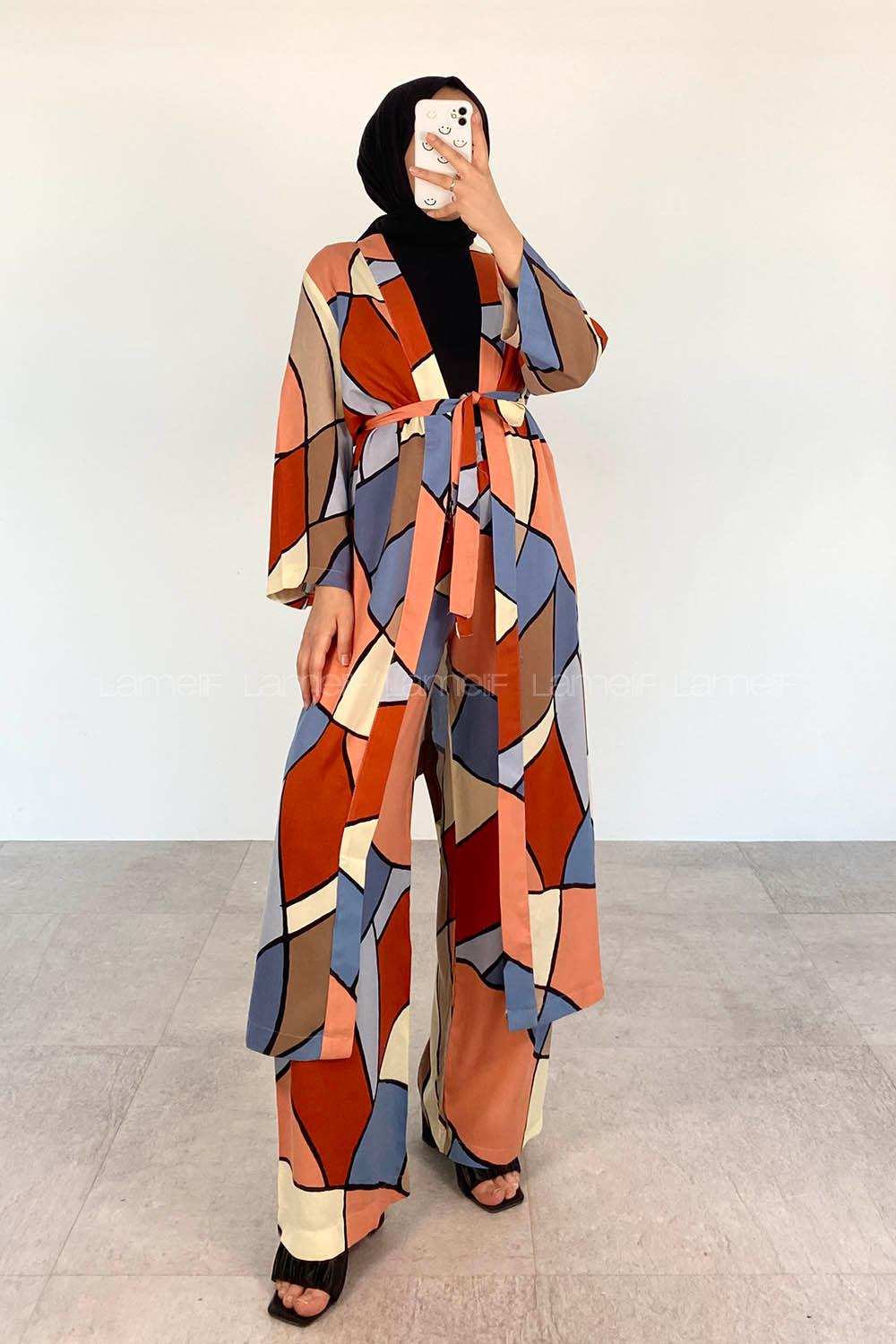 Indigo Powder Scoop Neck Long Arm Belted Cotton Comfortable Suit