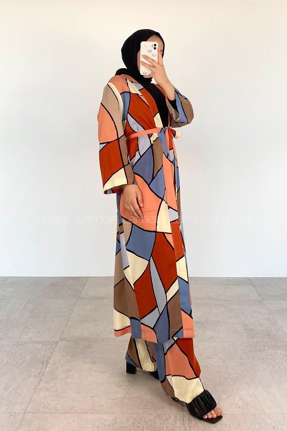 Indigo Powder Scoop Neck Long Arm Belted Cotton Comfortable Suit