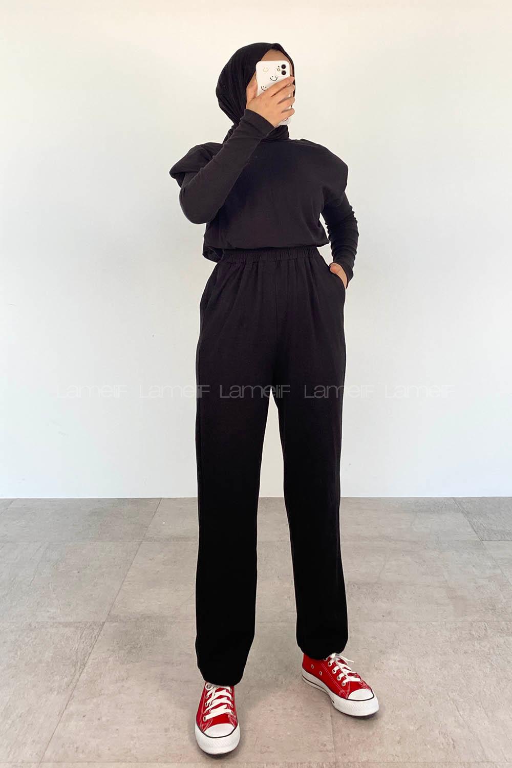 Black Crew Neck Cotton Unprinted Overalls