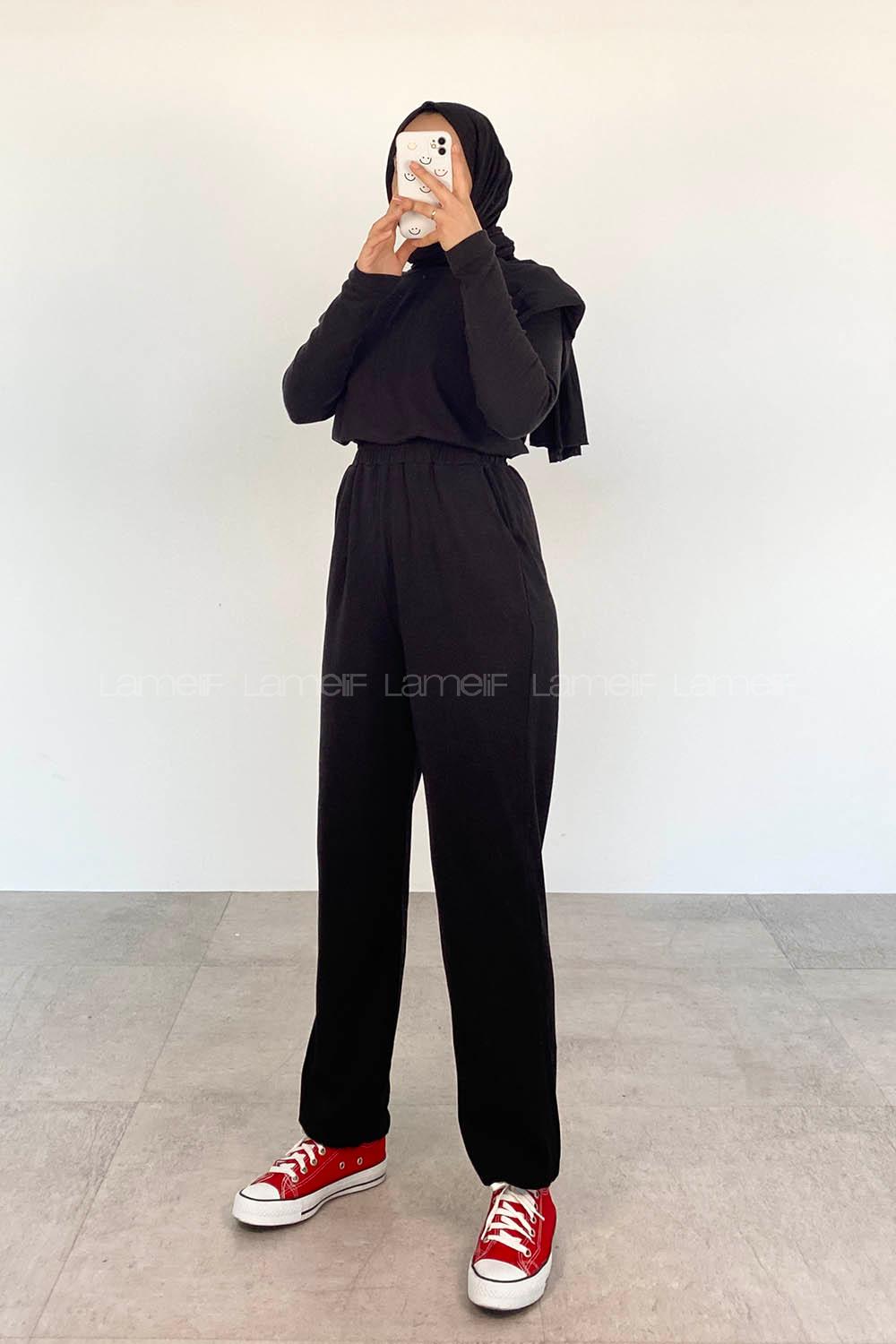 Black Crew Neck Cotton Unprinted Overalls