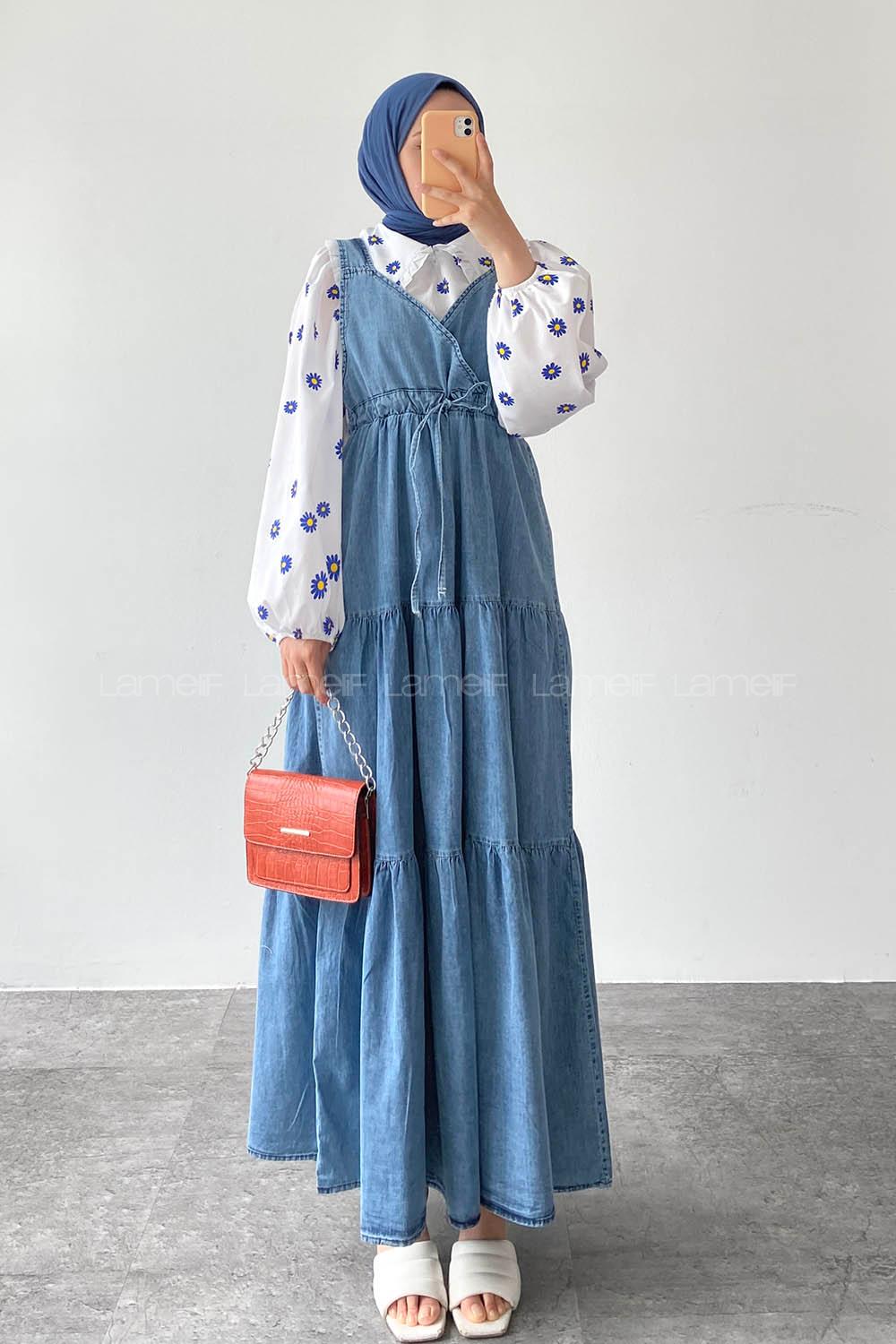 Ice Blue V Neck Denim Unprinted Dresess