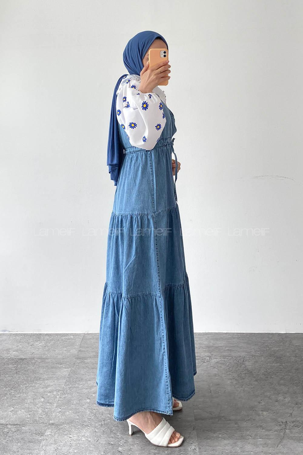 Ice Blue V Neck Denim Unprinted Dresess
