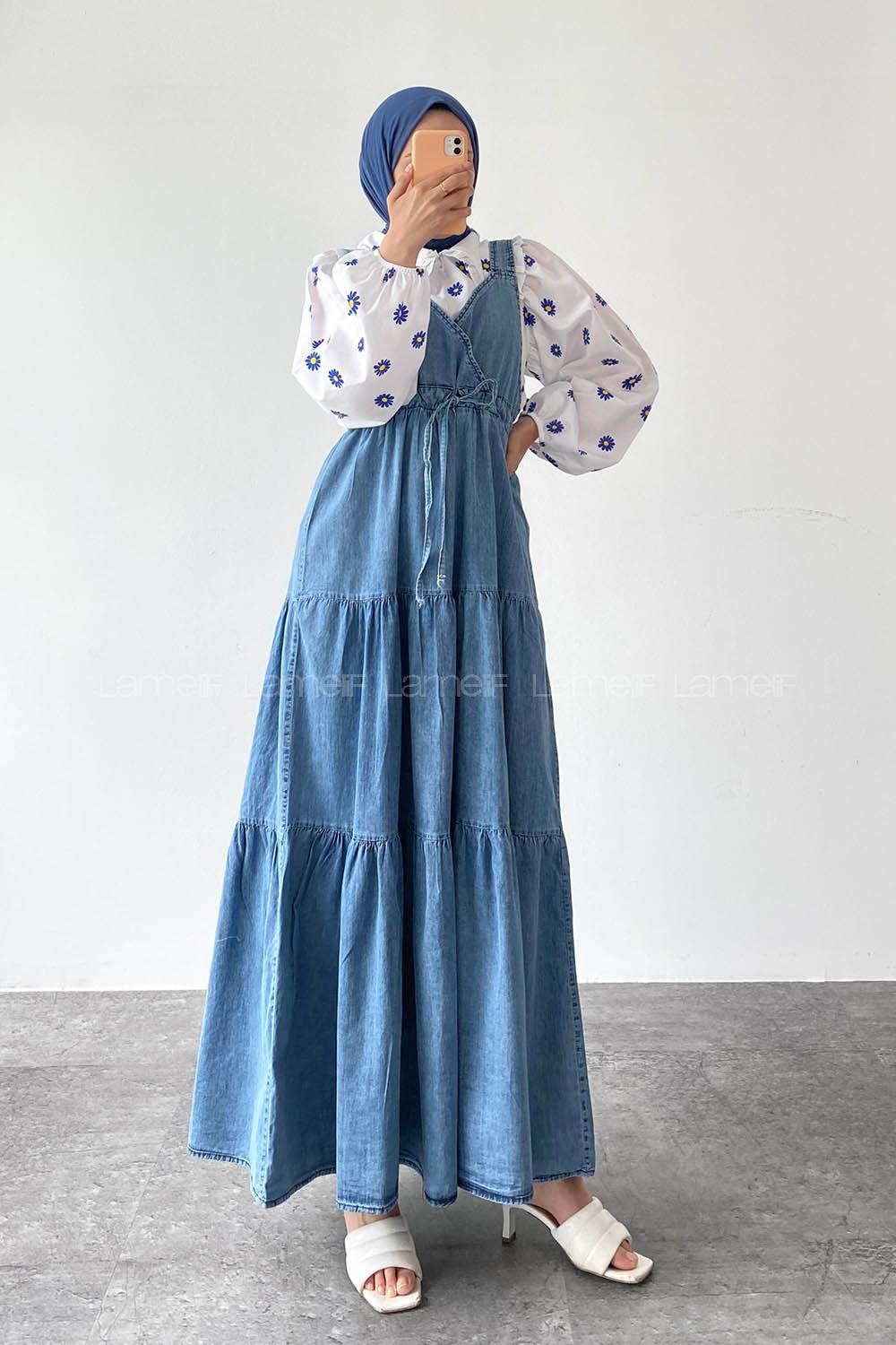 Ice Blue V Neck Denim Unprinted Dresess