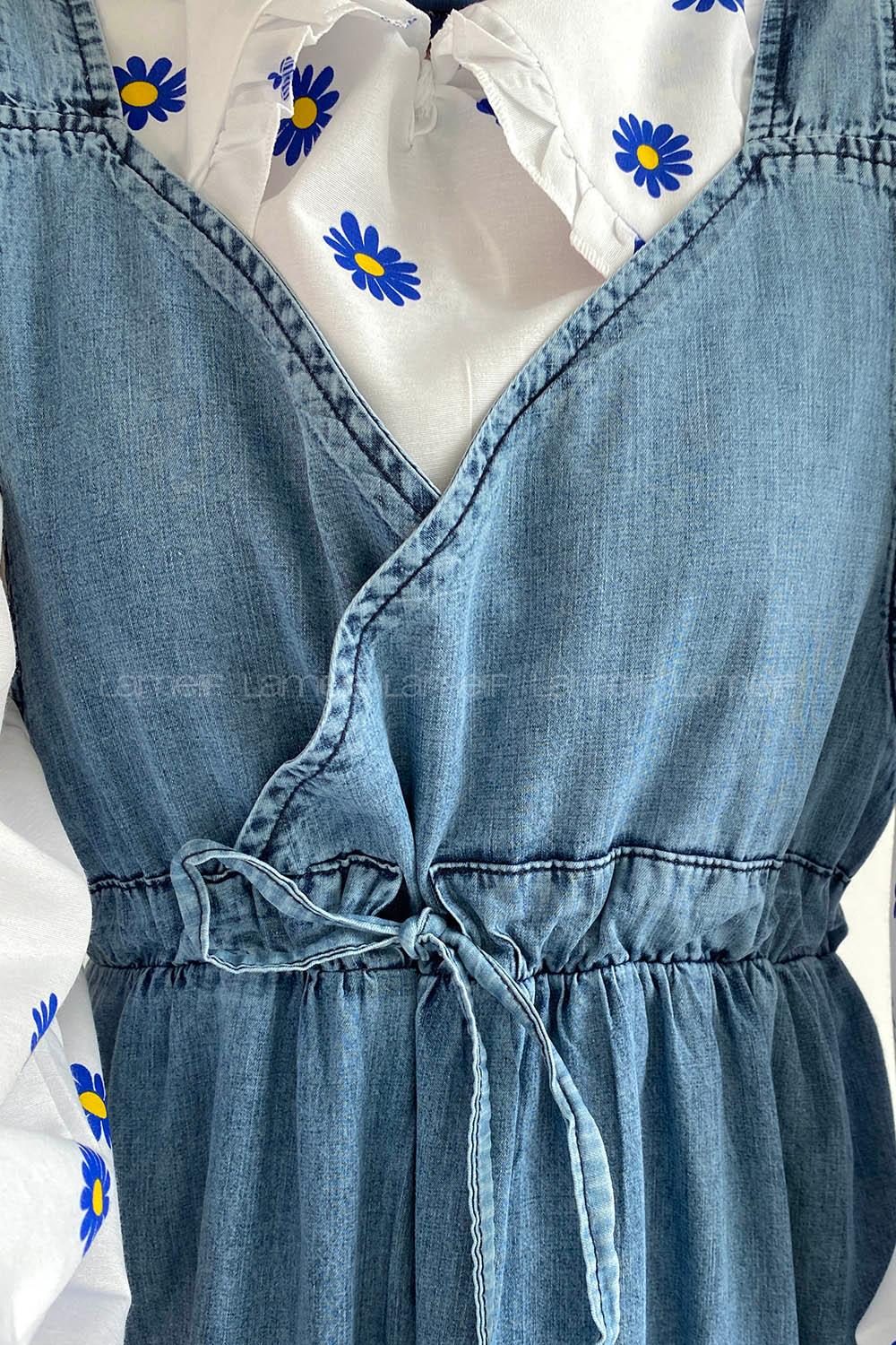 Ice Blue V Neck Denim Unprinted Dresess