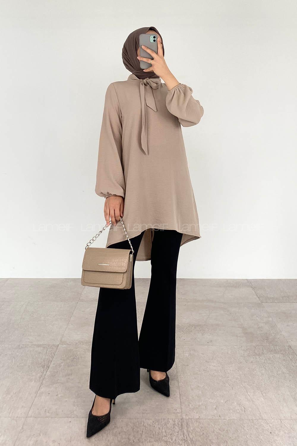 Modalamelif Yaka Bağlamalı Ayrobin Tunik Camel