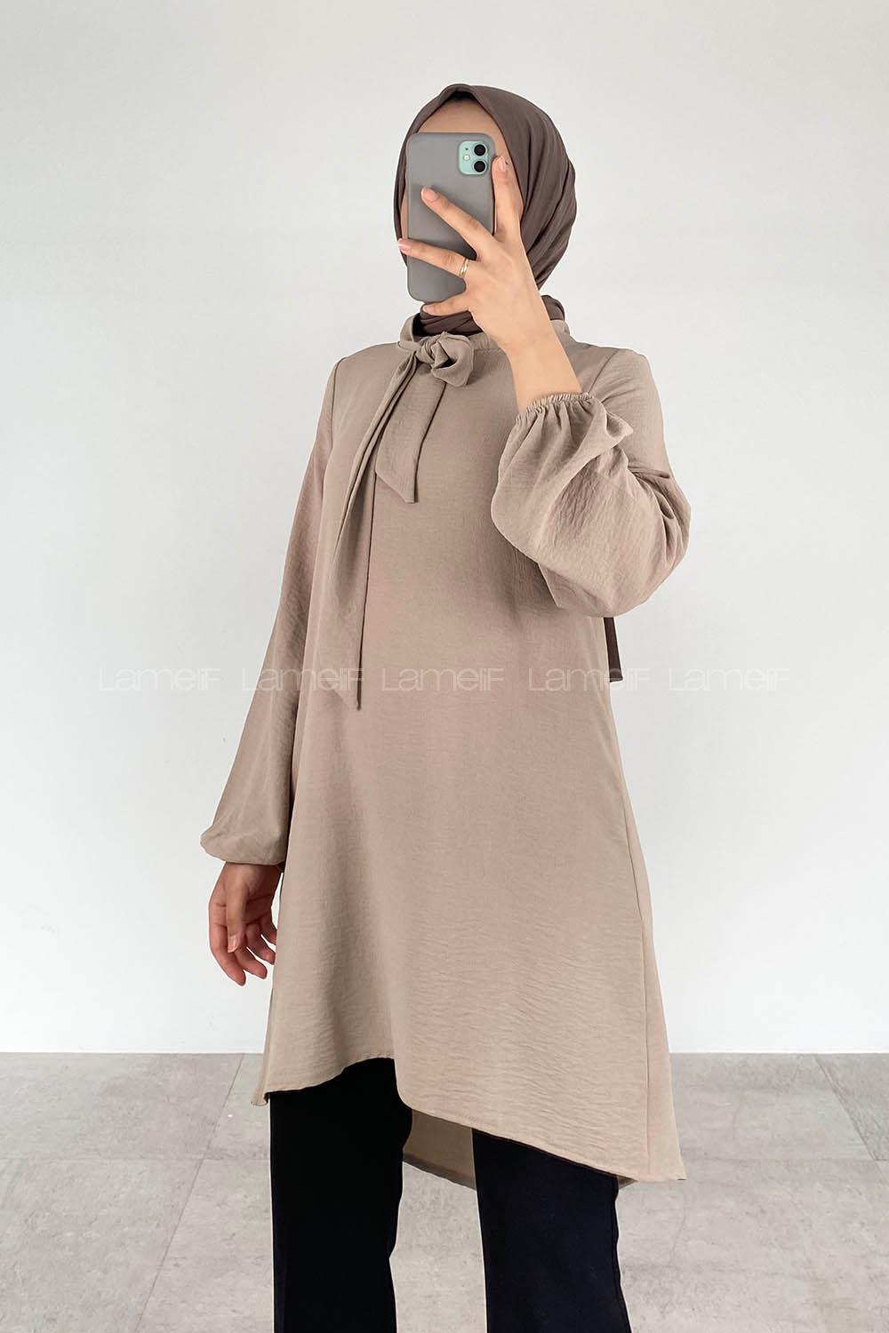 Modalamelif Yaka Bağlamalı Ayrobin Tunik Camel