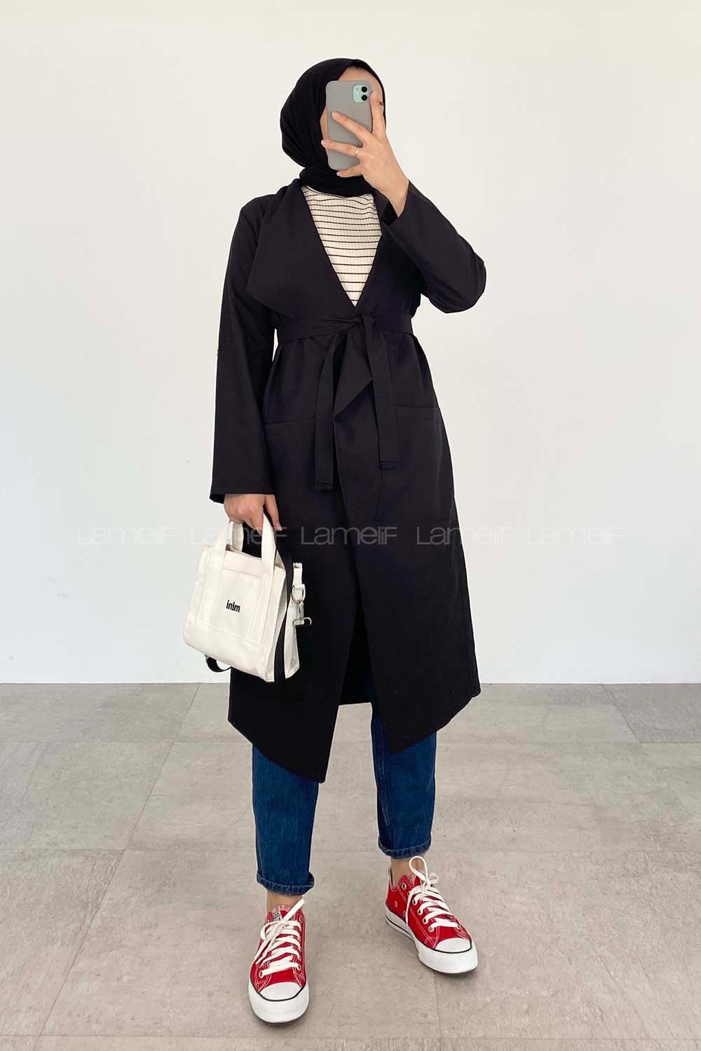 Black Long Arm Belted Viscose Fabric Trench Coat