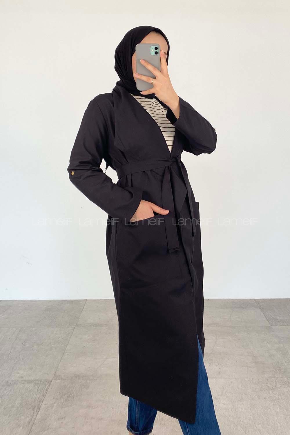 Black Long Arm Belted Viscose Fabric Trench Coat