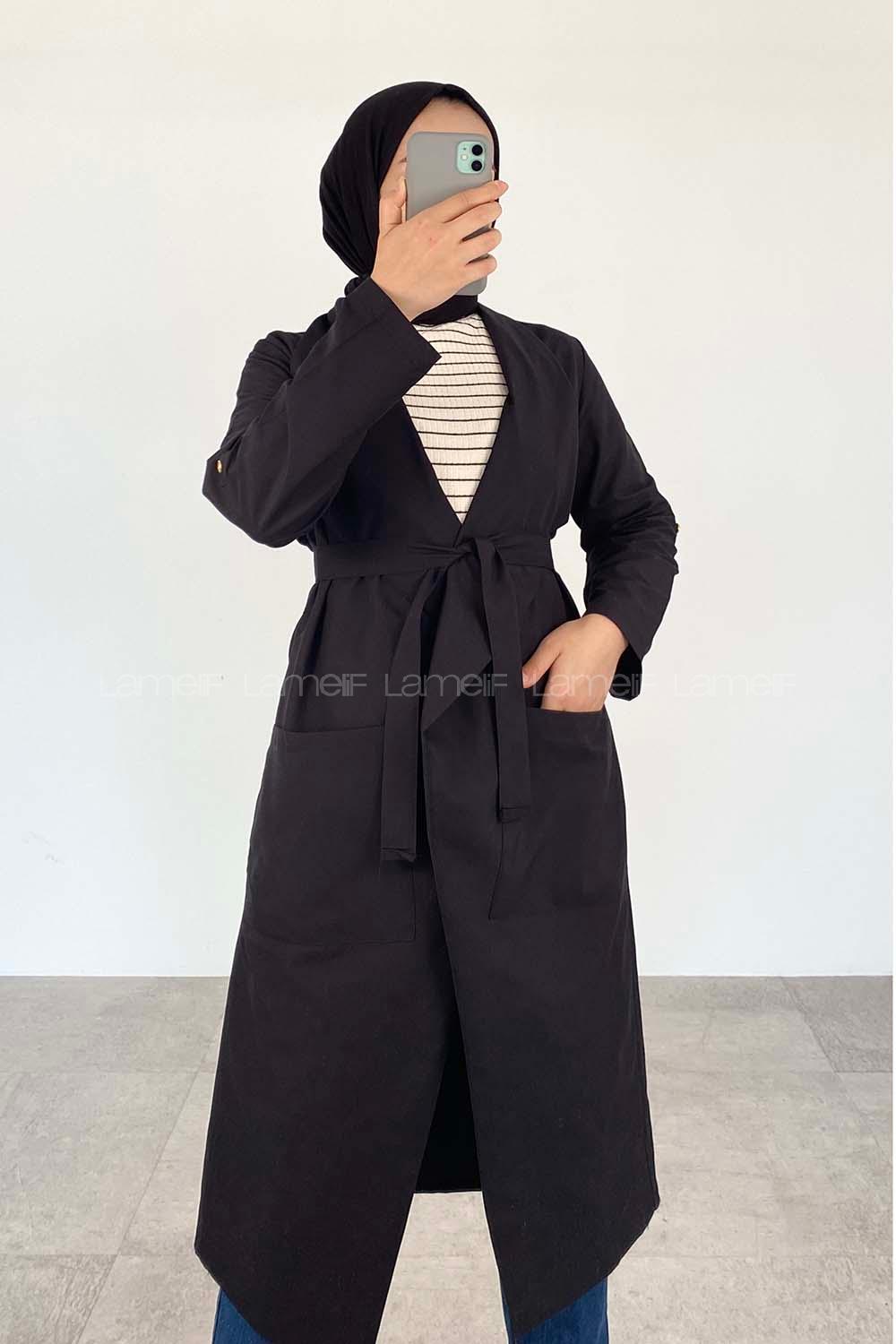 Black Long Arm Belted Viscose Fabric Trench Coat