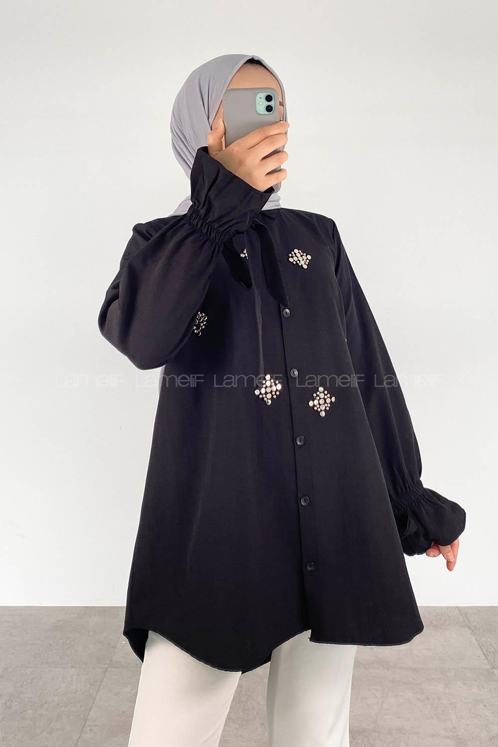 Black Shirt Collar Long Arm Poplin Fabric Unprinted Shirt