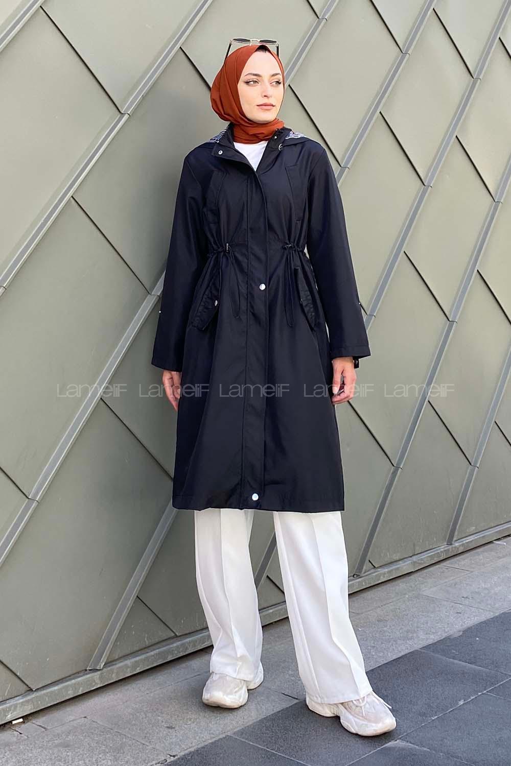 Modalamelif Kol Katlamalı Kapşonlu Trenç Siyah