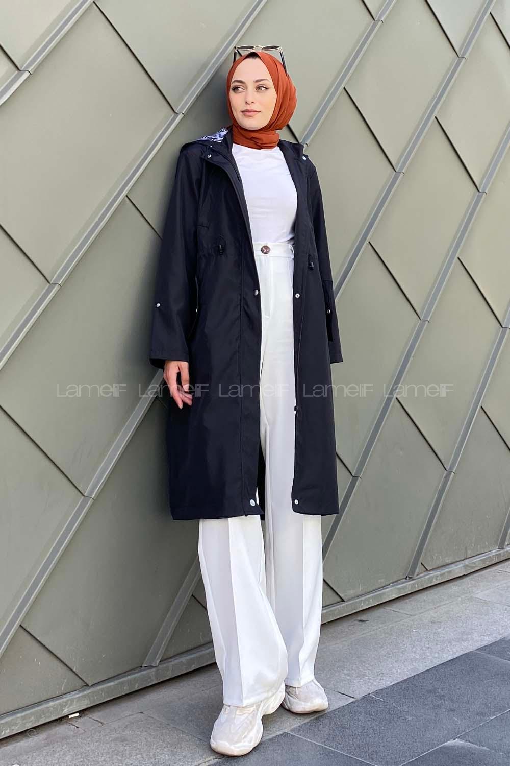 Modalamelif Kol Katlamalı Kapşonlu Trenç Siyah