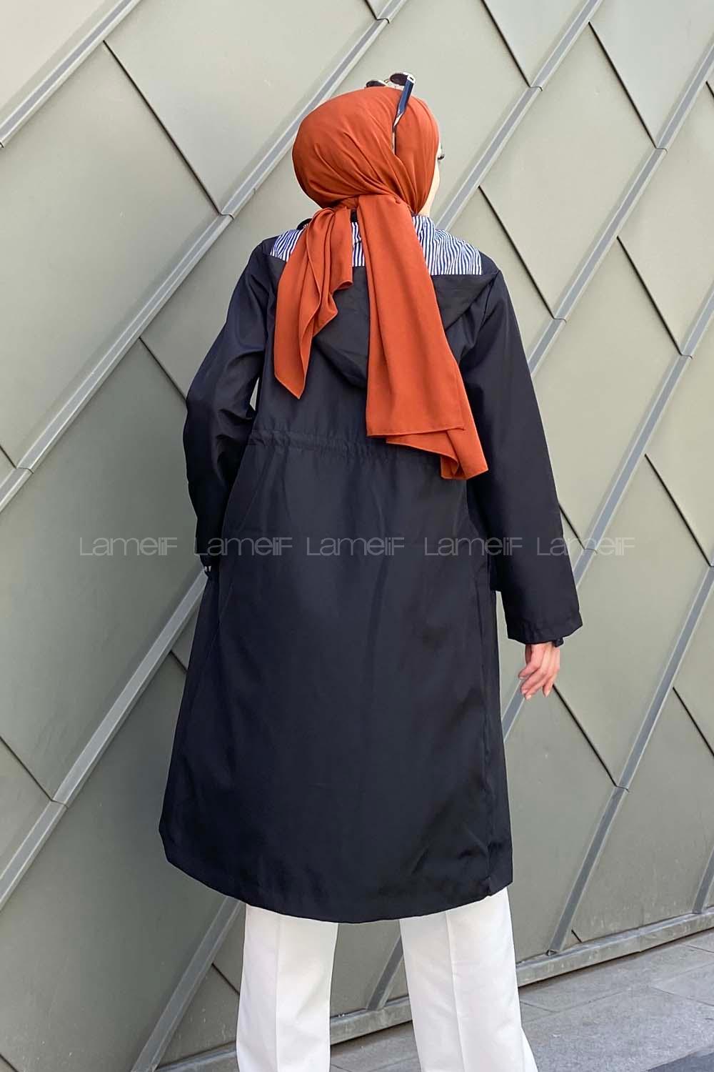 Modalamelif Kol Katlamalı Kapşonlu Trenç Siyah