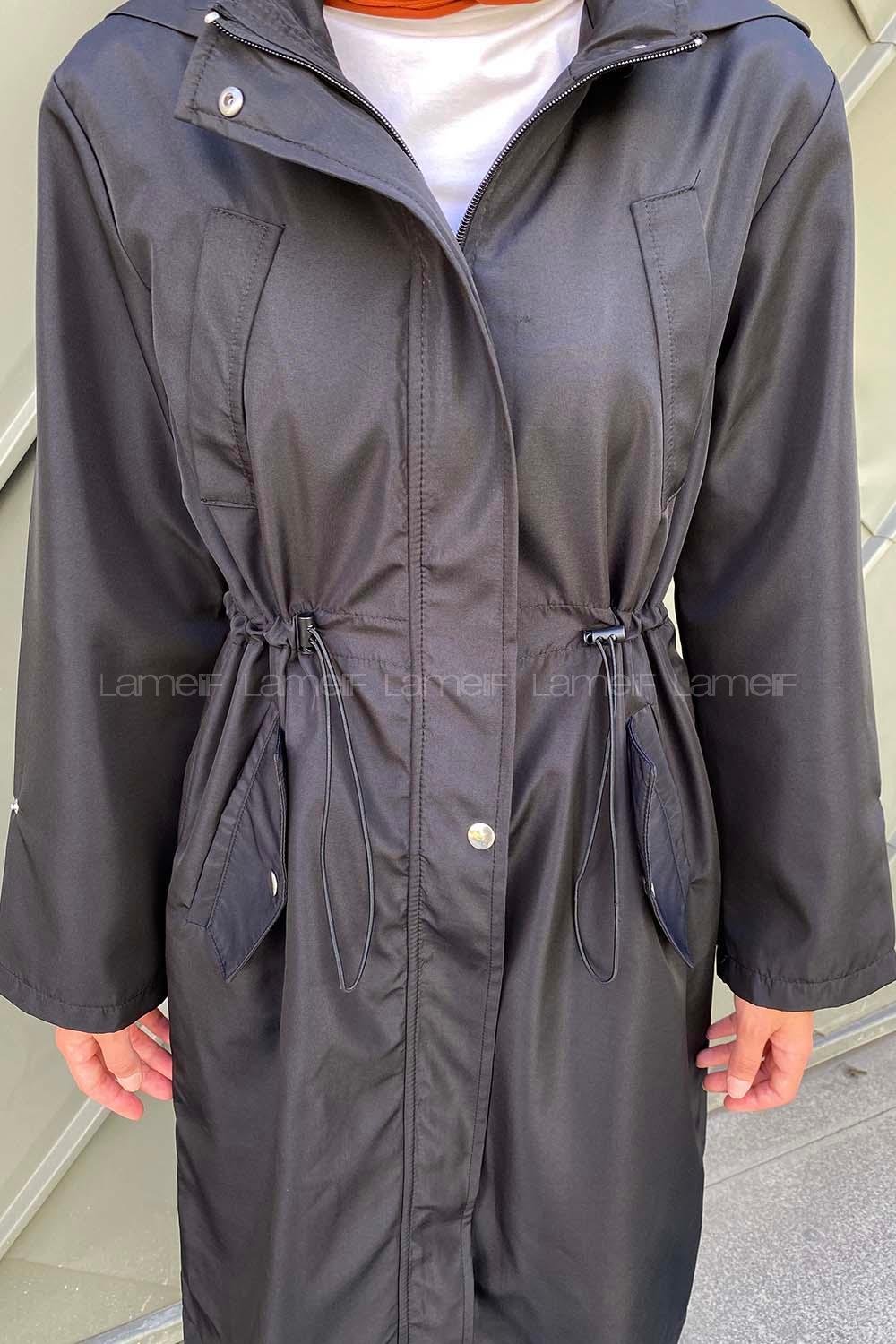 Modalamelif Kol Katlamalı Kapşonlu Trenç Siyah