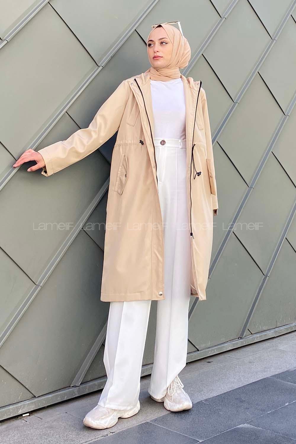 Modalamelif Kol Katlamalı Kapşonlu Trenç Taş