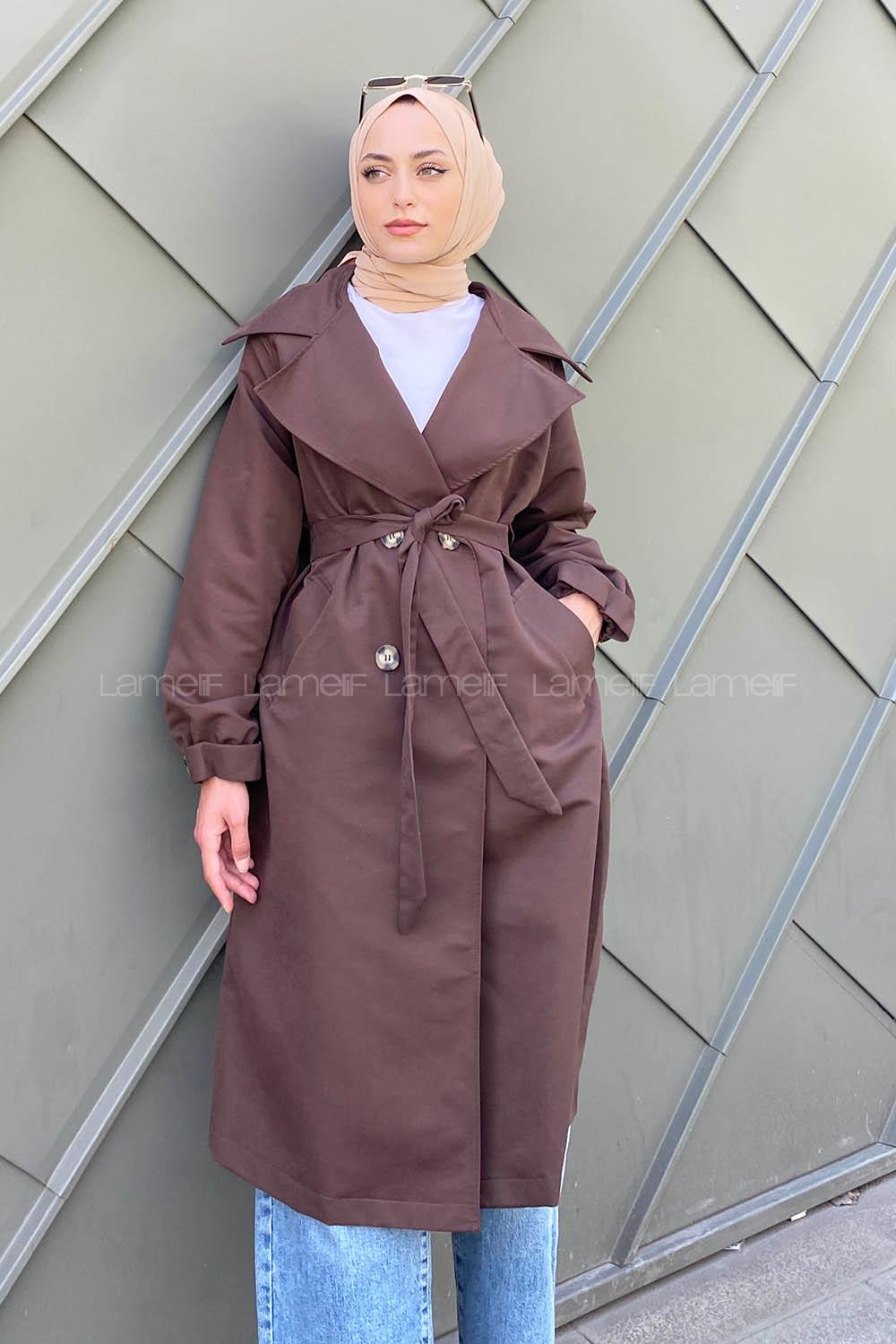 Bitter Brown Long Arm Belted Buttoned Trench Coat