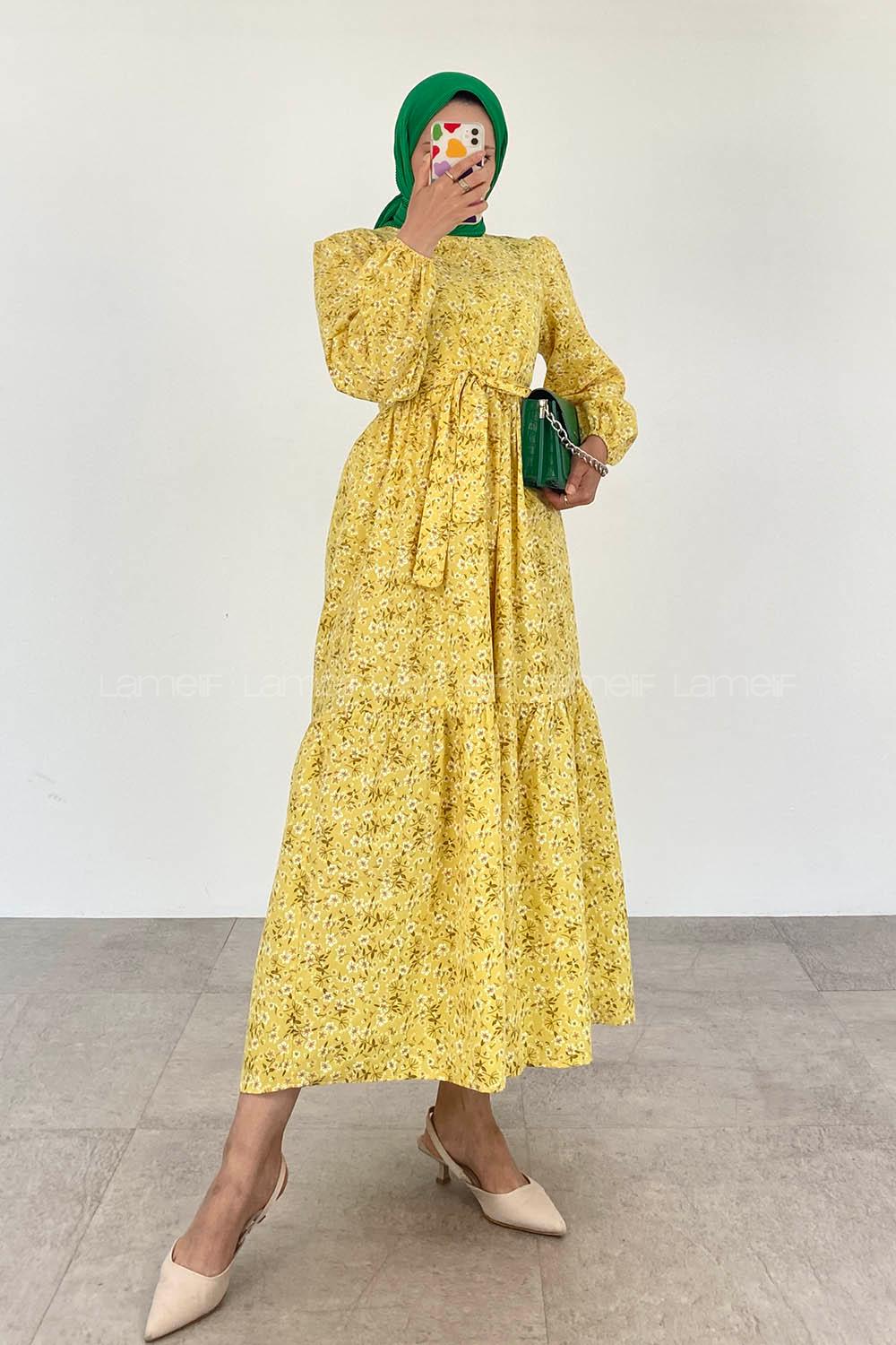 Modalamelif Beli Tünelli Papatya Desen Elbise Sarı