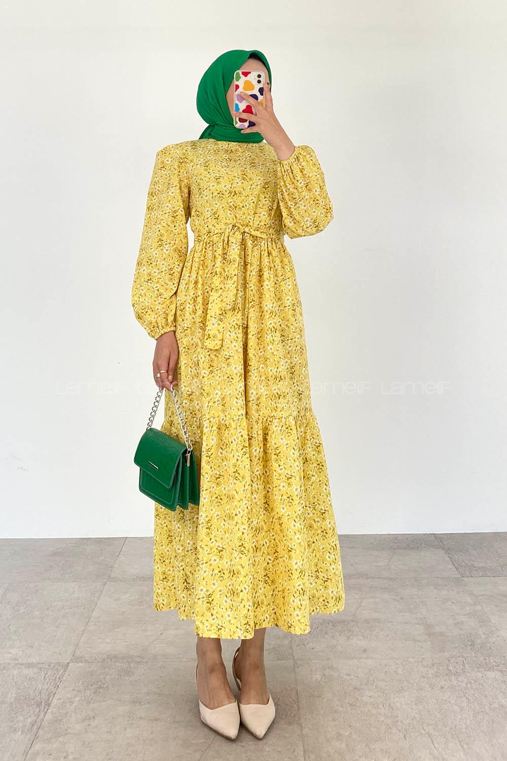 Modalamelif Beli Tünelli Papatya Desen Elbise Sarı