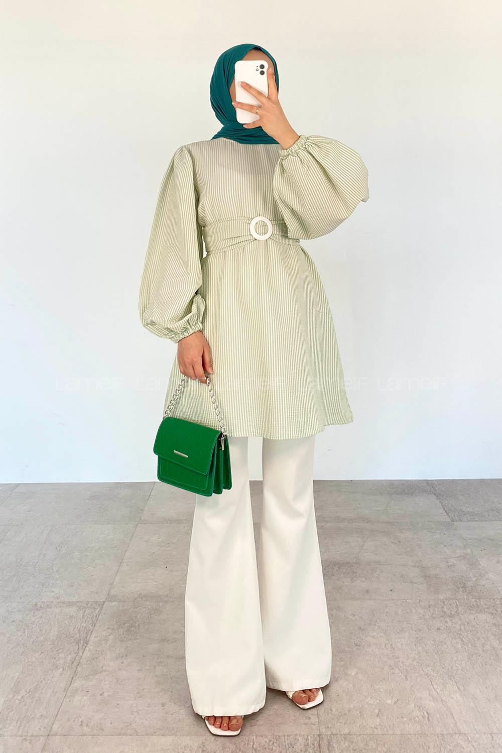 Modalamelif Bisiklet Yaka Kemerli Tunik Çağla