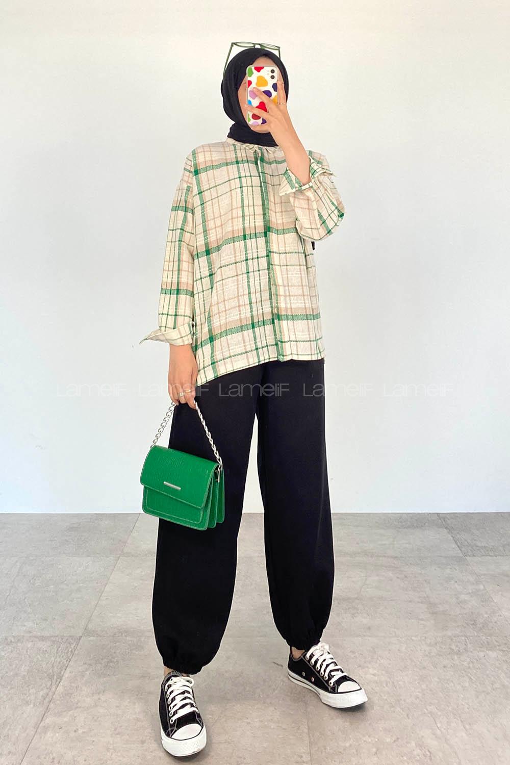 Green Shirt Collar Long Arm Linen Printed Shirt
