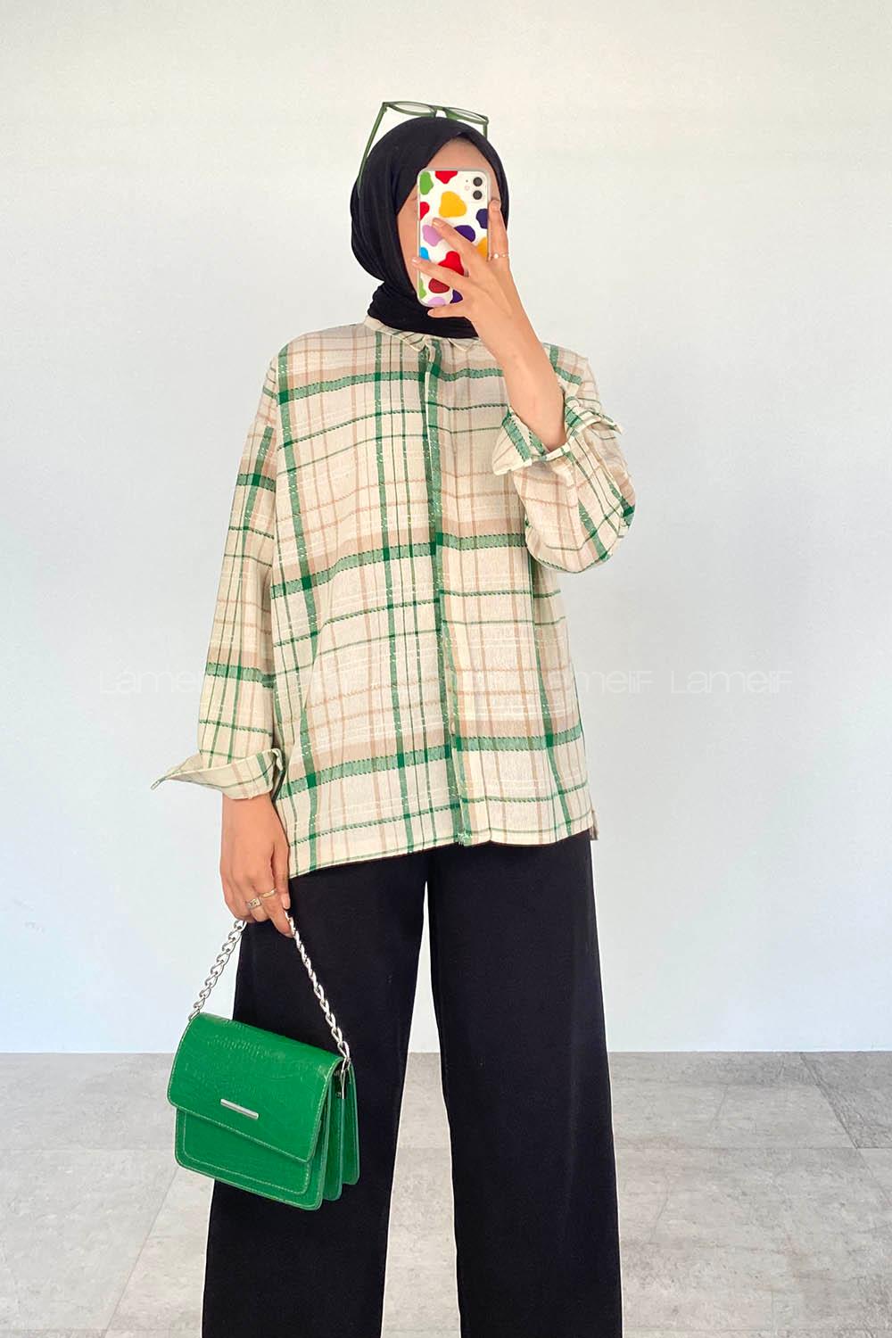 Green Shirt Collar Long Arm Linen Printed Shirt