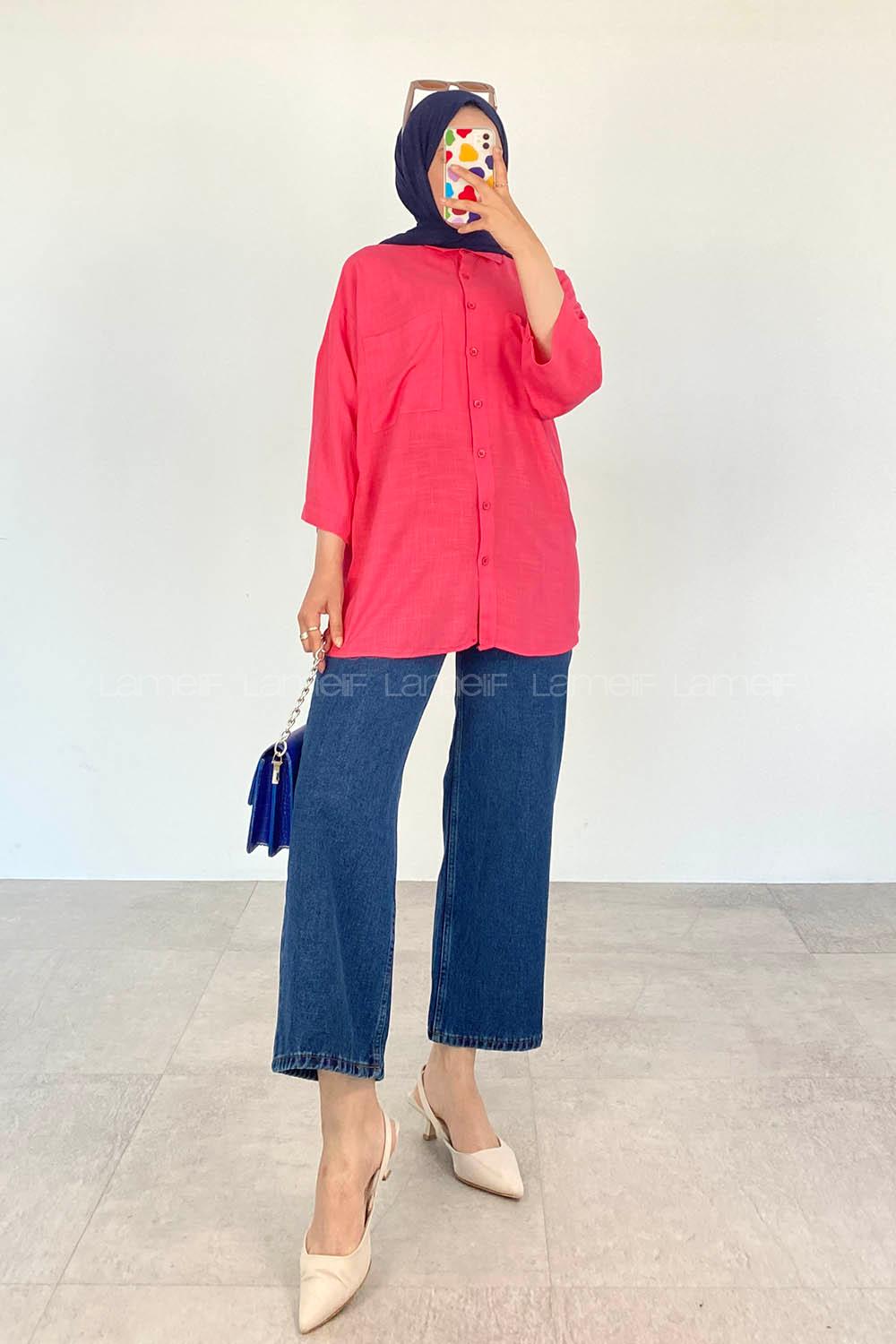 Fuchsia Shirt Collar Half Arm Arm Viscose Fabric Unprinted Shirt