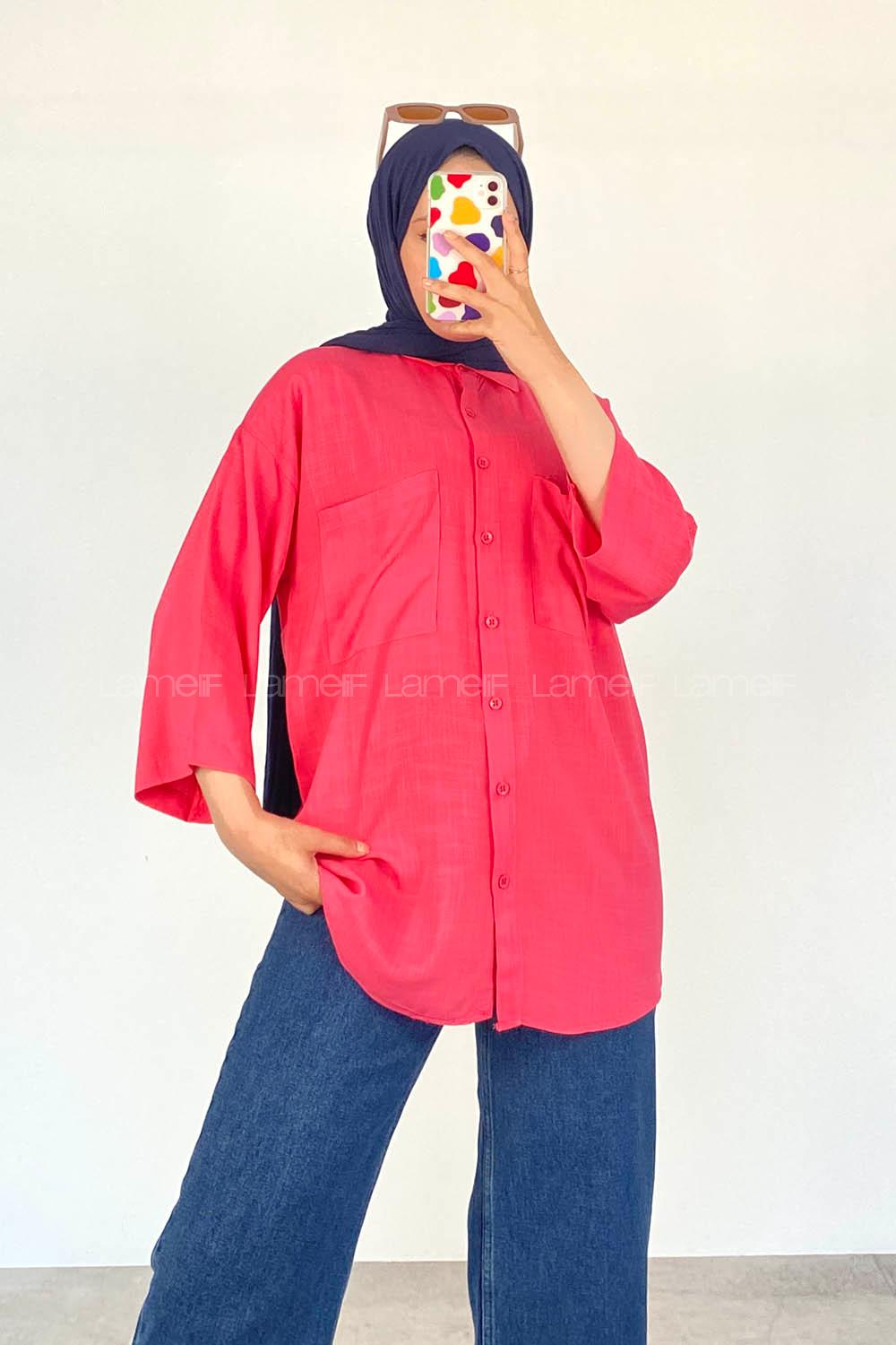 Fuchsia Shirt Collar Half Arm Arm Viscose Fabric Unprinted Shirt