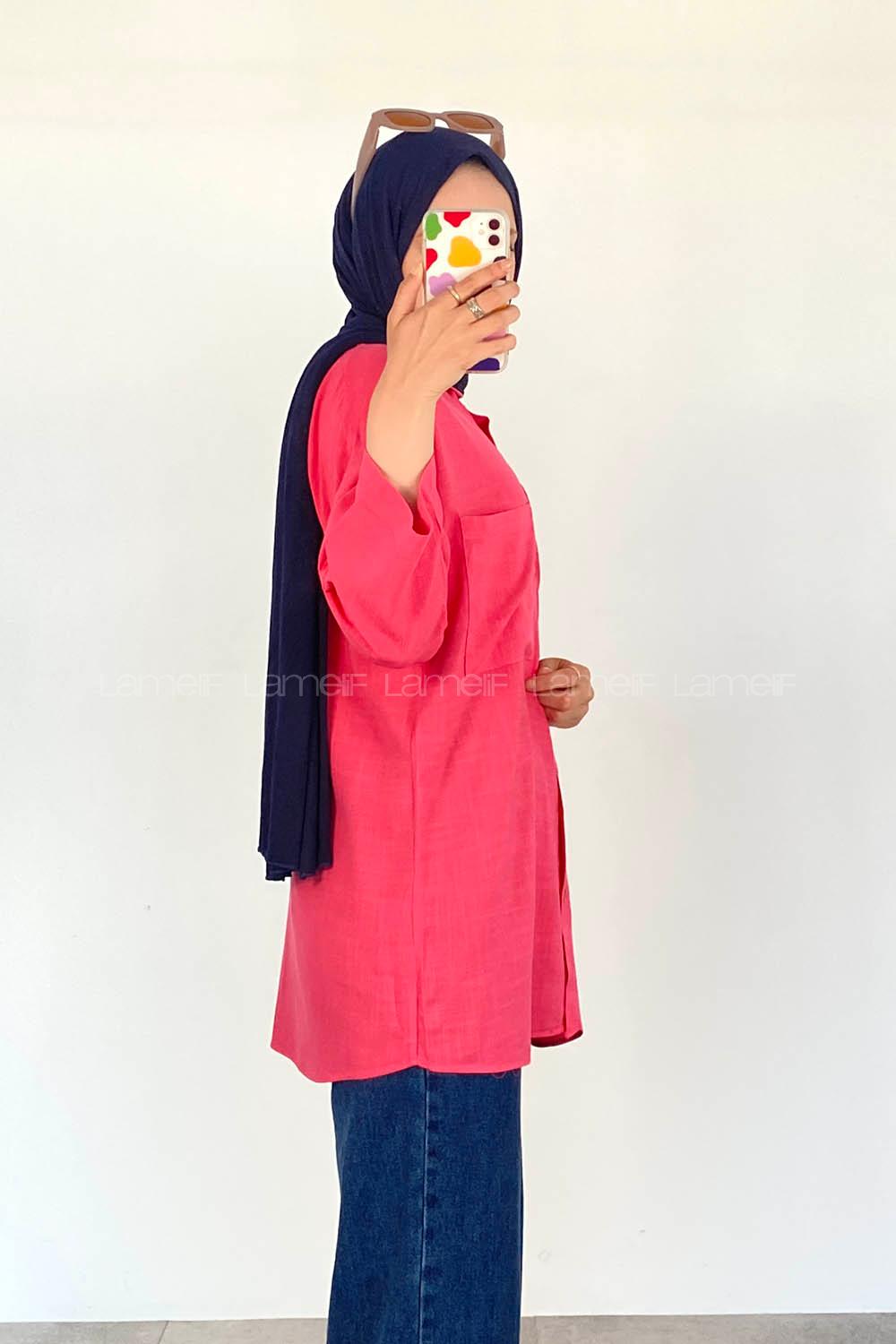 Fuchsia Shirt Collar Half Arm Arm Viscose Fabric Unprinted Shirt