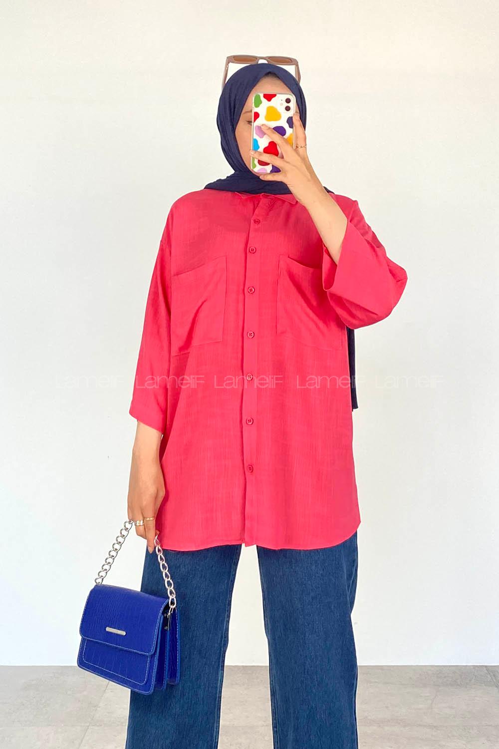 Fuchsia Shirt Collar Half Arm Arm Viscose Fabric Unprinted Shirt