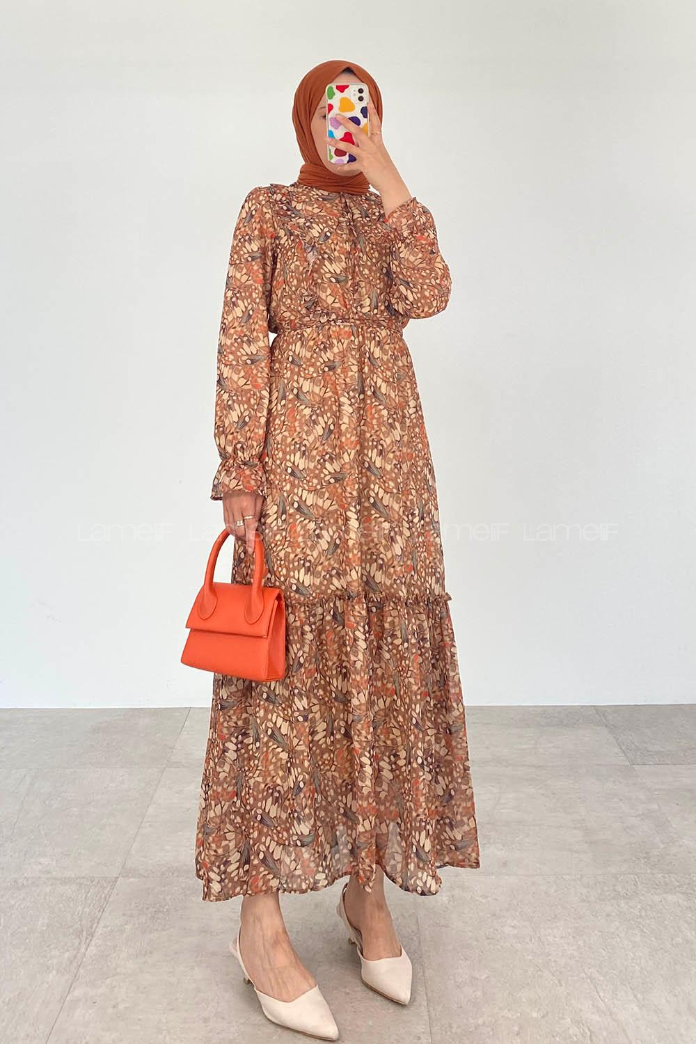 Camel Foulard Neck Viscose Fabric Printed Dresess