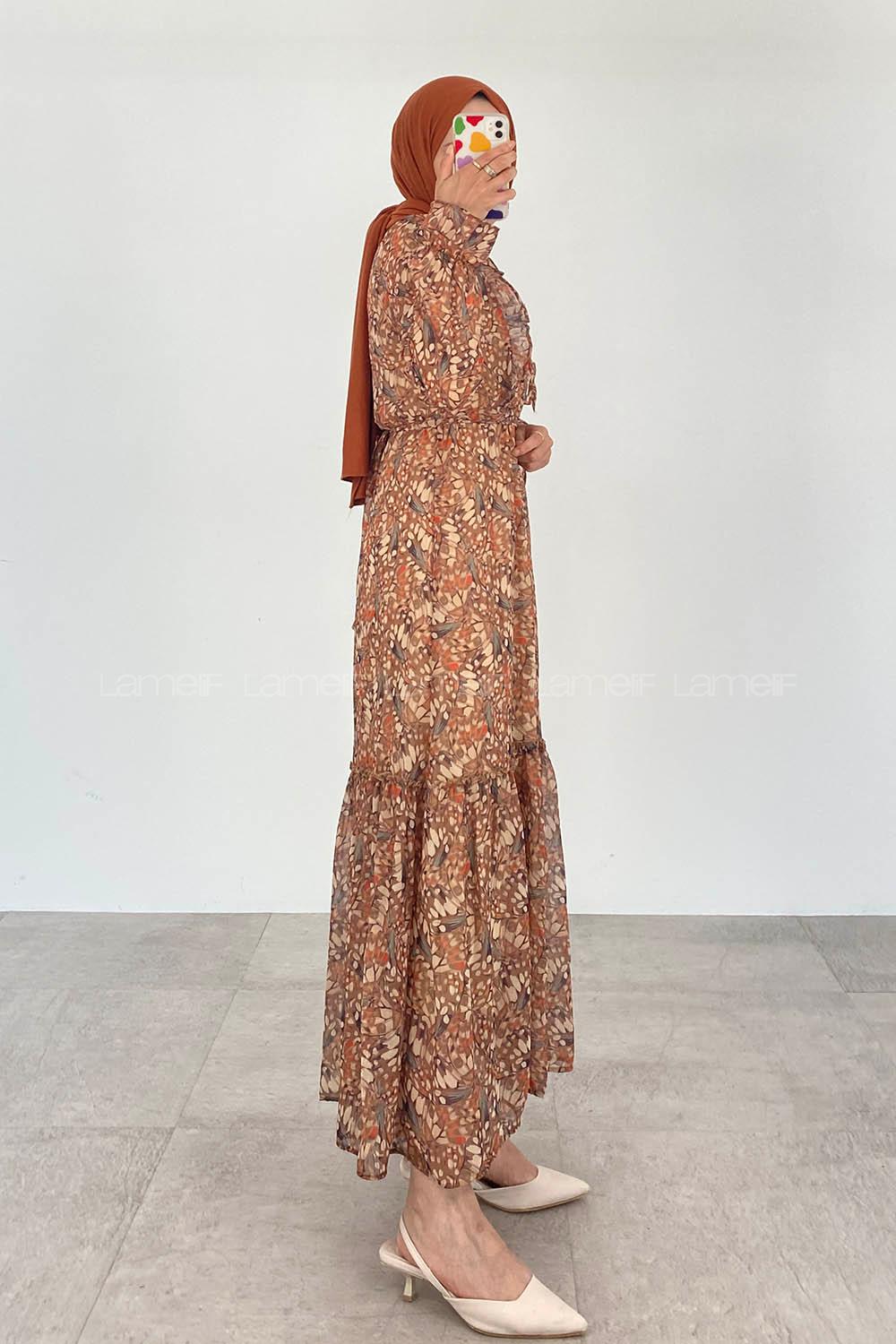 Camel Foulard Neck Viscose Fabric Printed Dresess