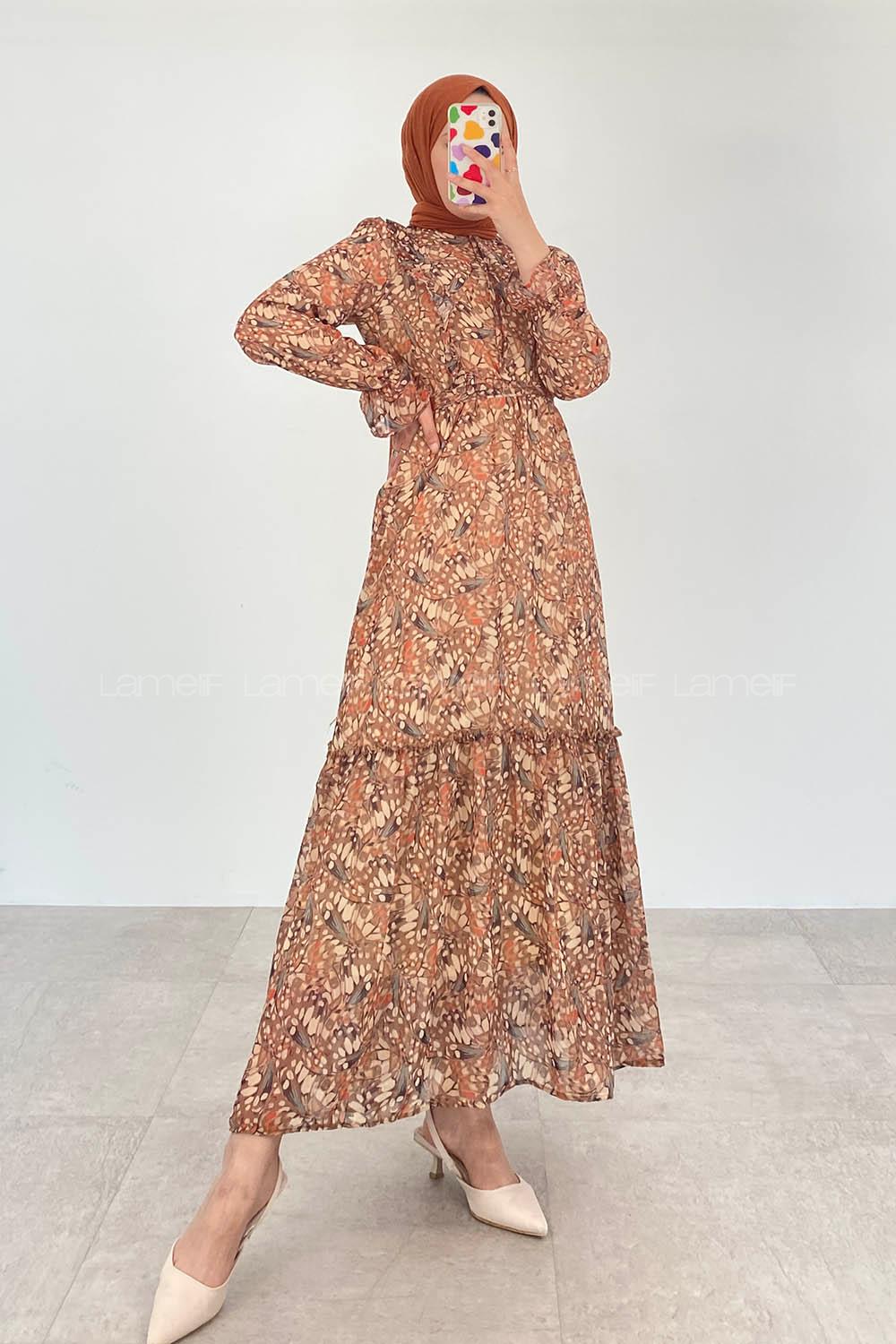 Camel Foulard Neck Viscose Fabric Printed Dresess