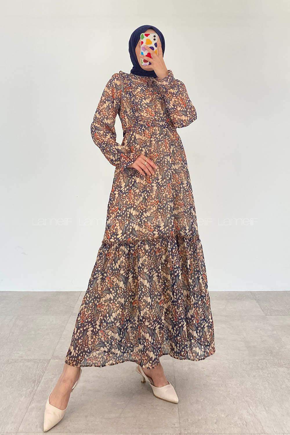 Indigo Foulard Neck Viscose Fabric Printed Dresess