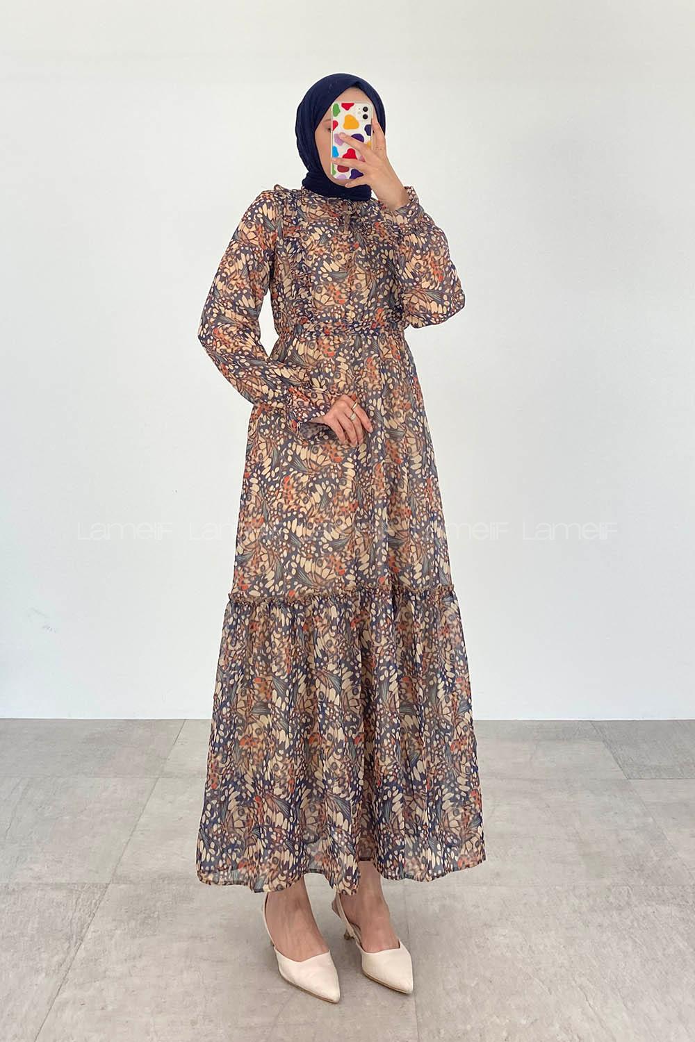 Indigo Foulard Neck Viscose Fabric Printed Dresess