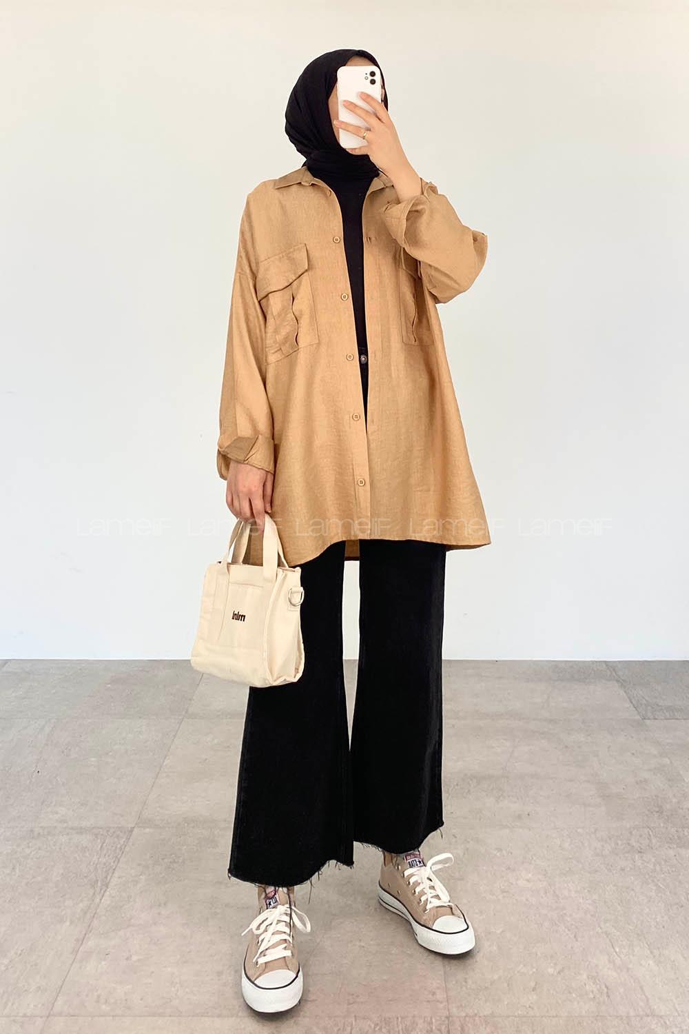 Brown With Milk Shirt Collar Long Arm Viscose Fabric Unprinted Shirt