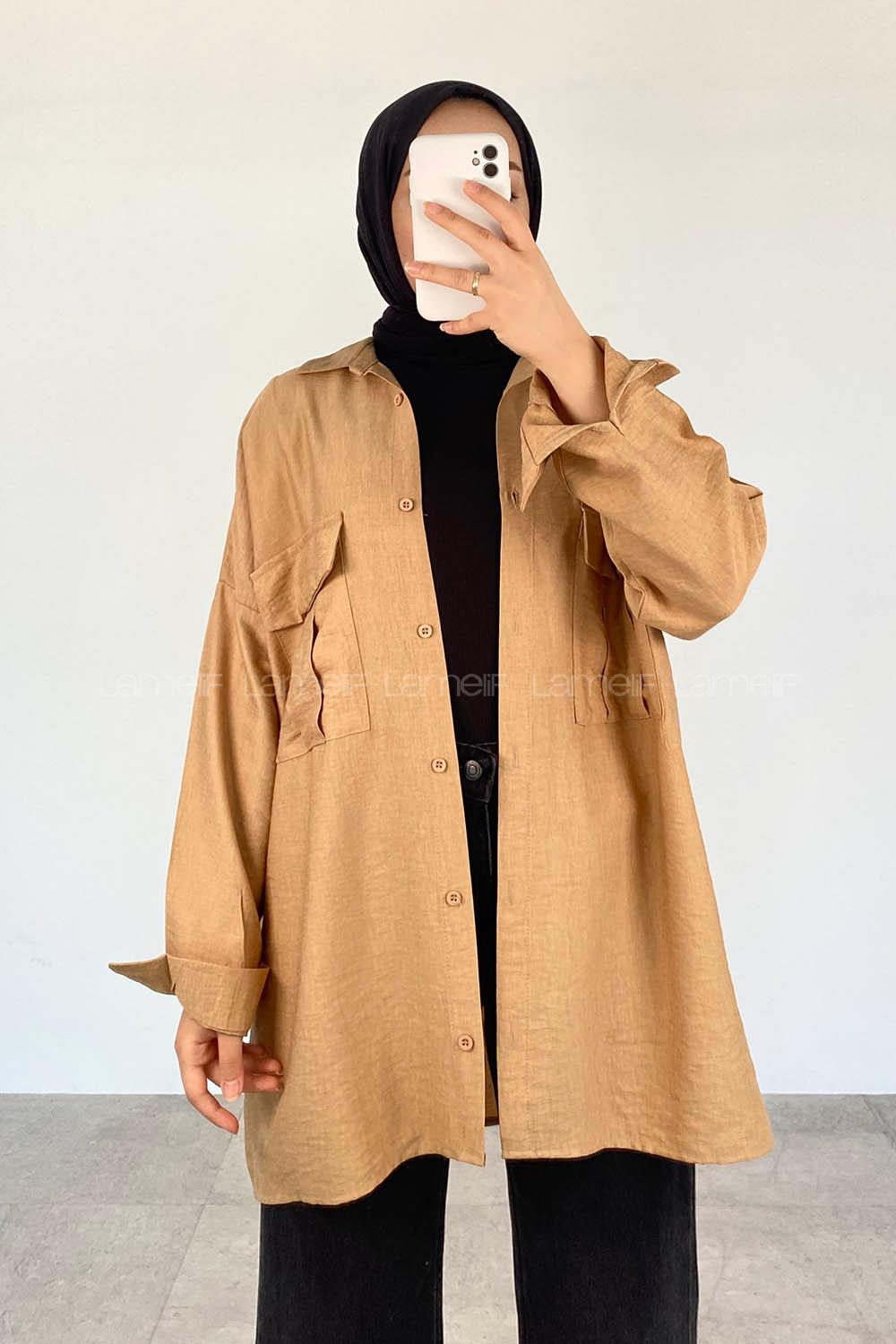 Brown With Milk Shirt Collar Long Arm Viscose Fabric Unprinted Shirt