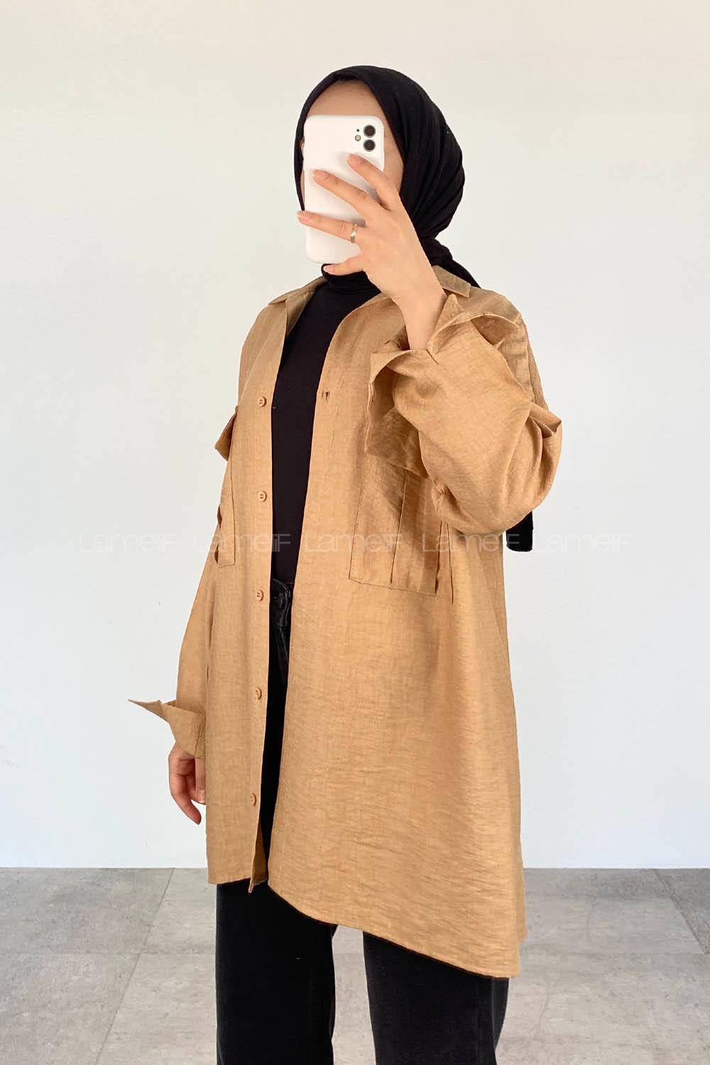 Brown With Milk Shirt Collar Long Arm Viscose Fabric Unprinted Shirt
