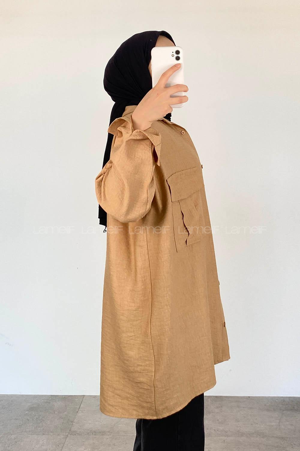 Brown With Milk Shirt Collar Long Arm Viscose Fabric Unprinted Shirt