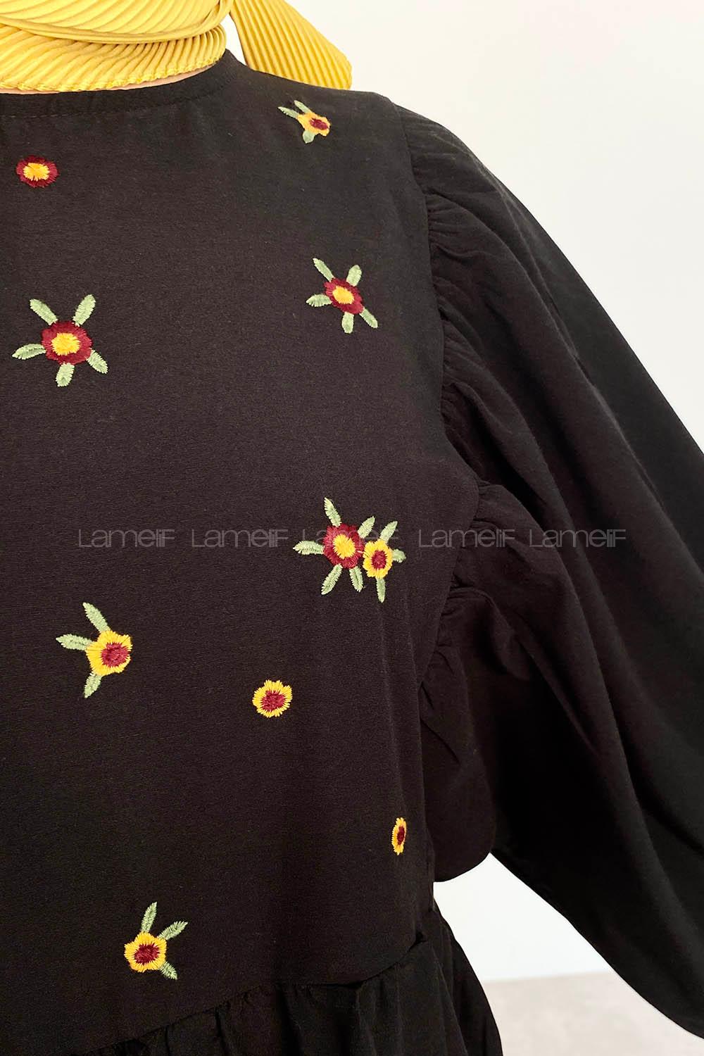 Black Crew Neck Cotton Unprinted Dresess