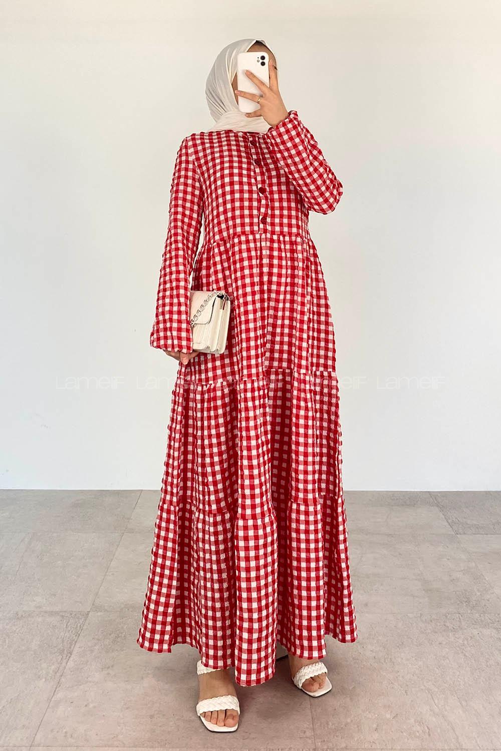 Red Mandarin Collar Cotton Viscose Fabric Printed Dresess