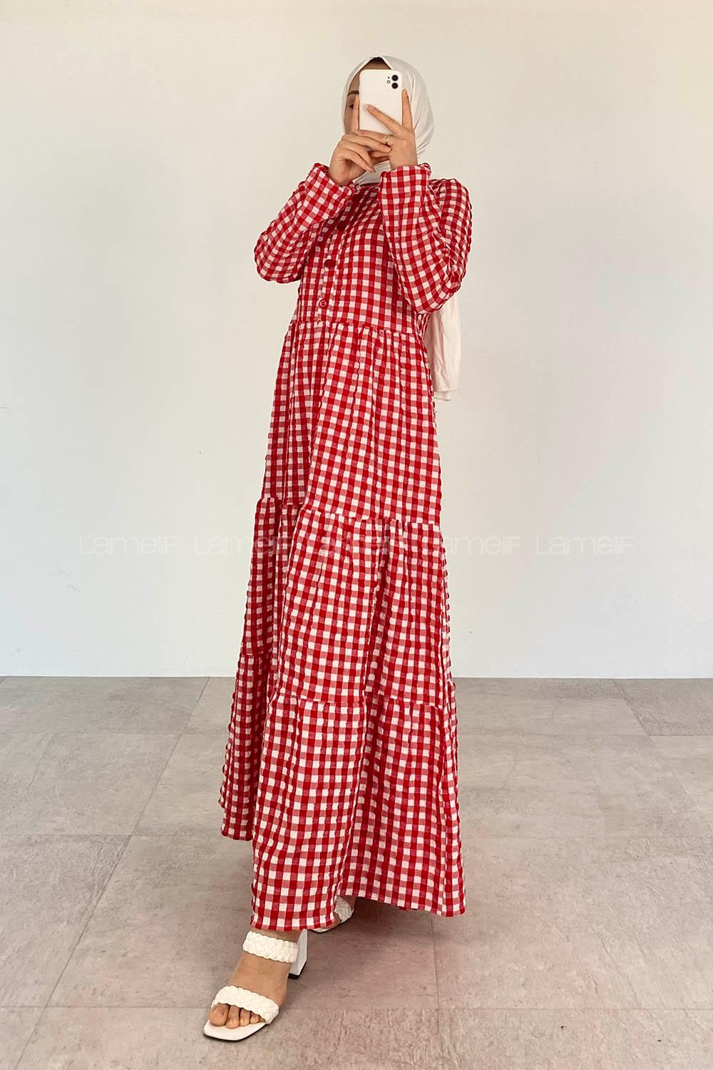 Red Mandarin Collar Cotton Viscose Fabric Printed Dresess