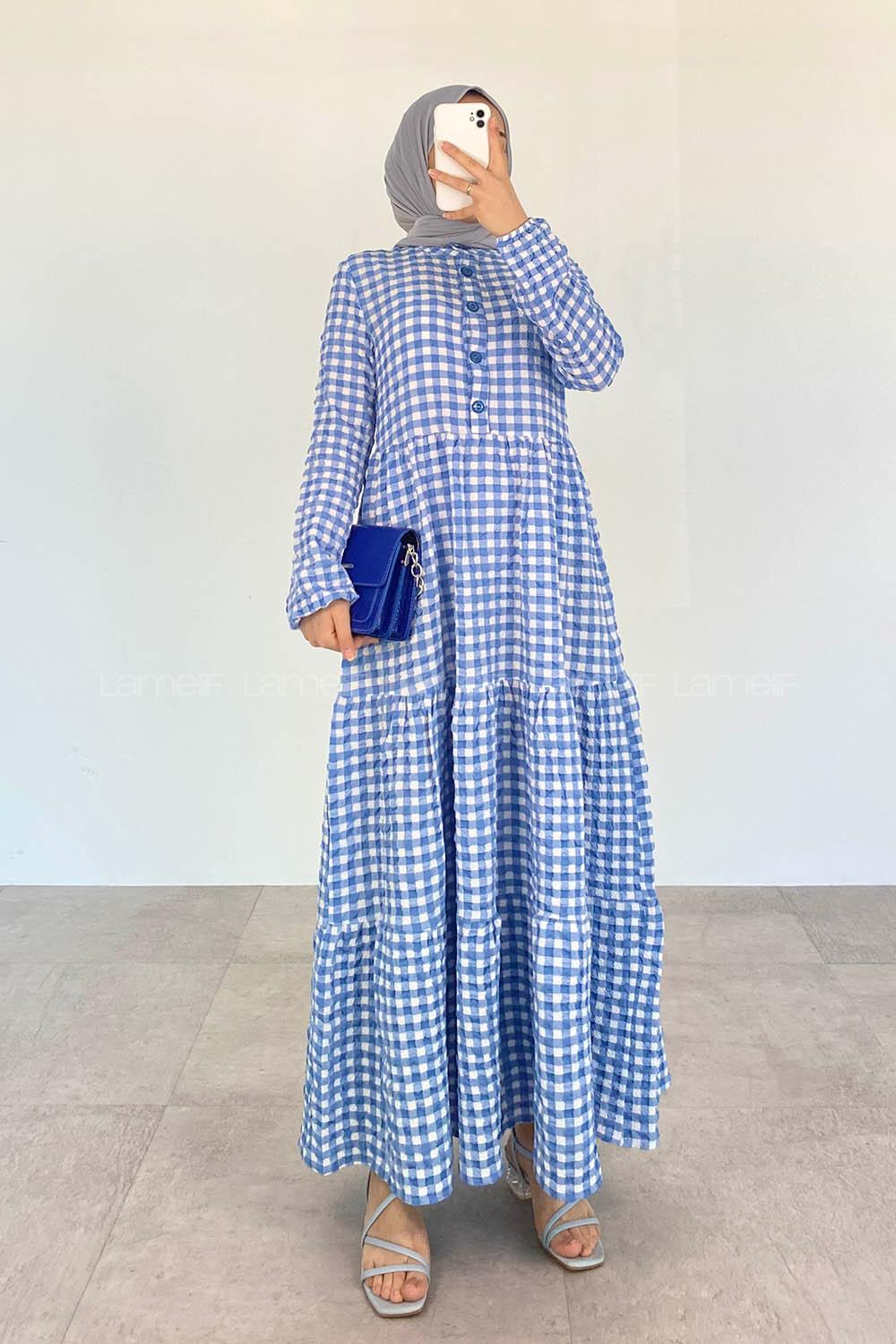 Blue Mandarin Collar Cotton Viscose Fabric Printed Dresess