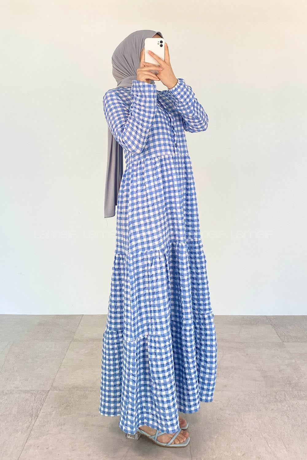 Blue Mandarin Collar Cotton Viscose Fabric Printed Dresess